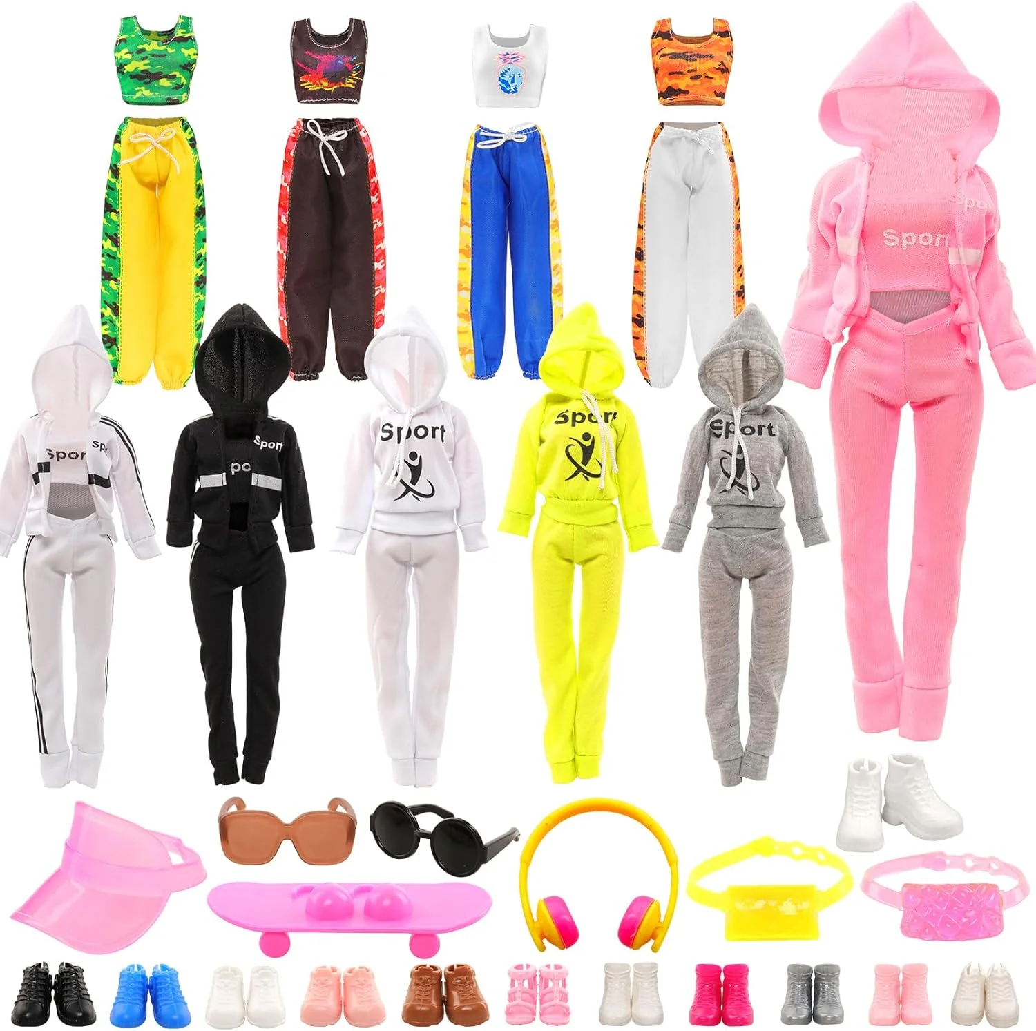 ENOCHT ست لباس و لوازم جانبی 16 تکه ای عروسک شامل تاپ، شلوار، کلاه آفتابی، اسکوتر جیبی، عینک آفتابی، هدست و 5 جفت کفش برای عروسک های دخترانه 11.5 اینچی