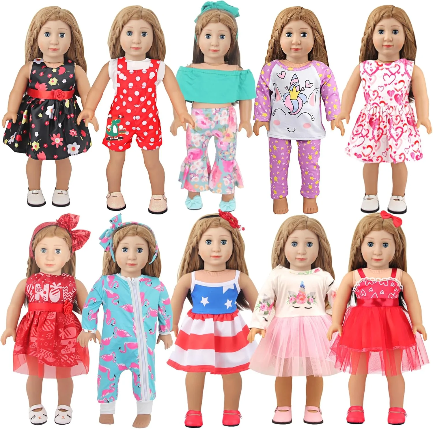 MSYO 10 ست لباس عروسک برای عروسک های 17 تا 18 اینچی، لباس های متنوع (گلدار، خال خال، تک شاخ) و لوازم جانبی، ست لباس پوشیدن مد برای بازی و هدیه دادن عروسک دخترانه