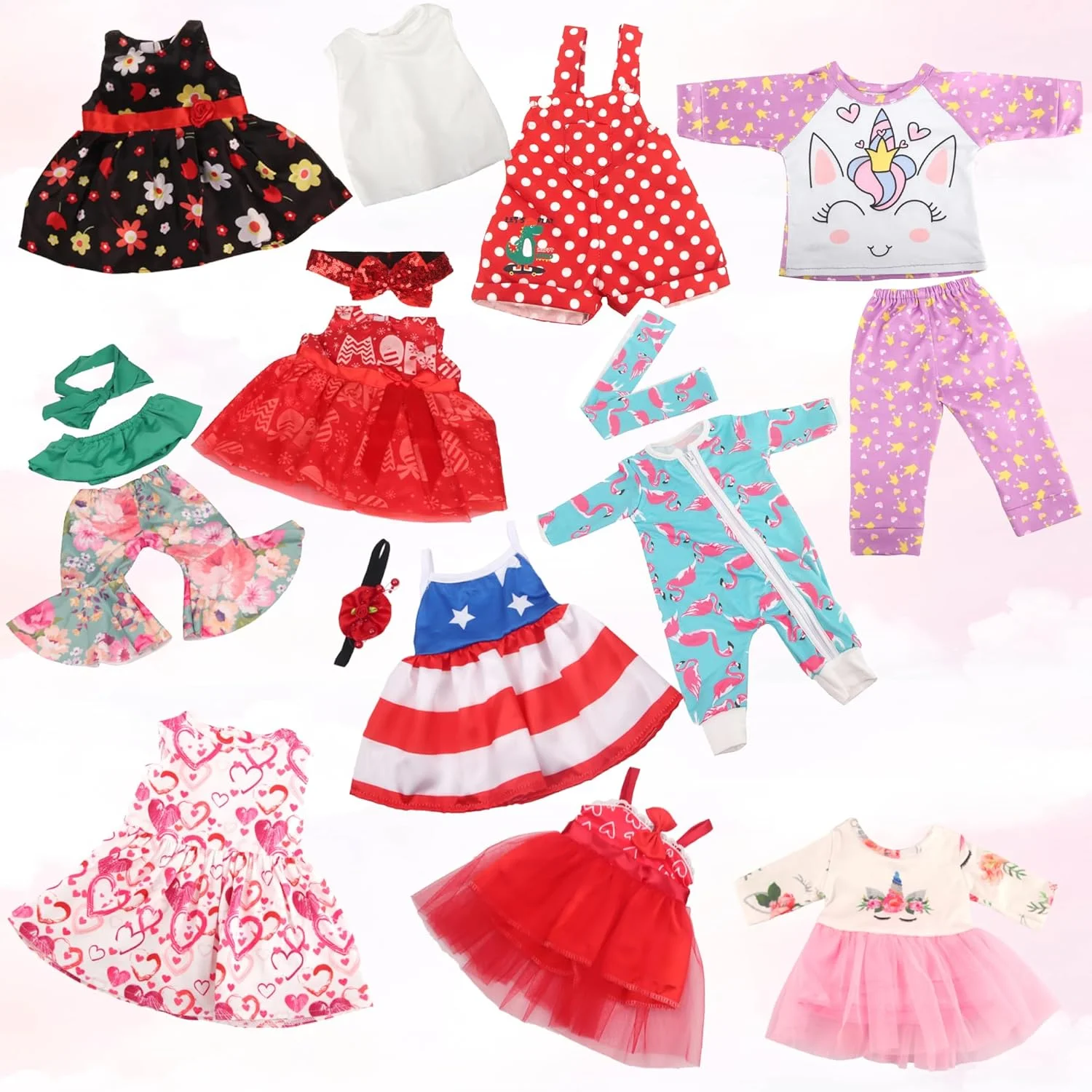 MSYO 10 ست لباس عروسک برای عروسک های 17 تا 18 اینچی، لباس های متنوع (گلدار، خال خال، تک شاخ) و لوازم جانبی، ست لباس پوشیدن مد برای بازی و هدیه دادن عروسک دخترانه