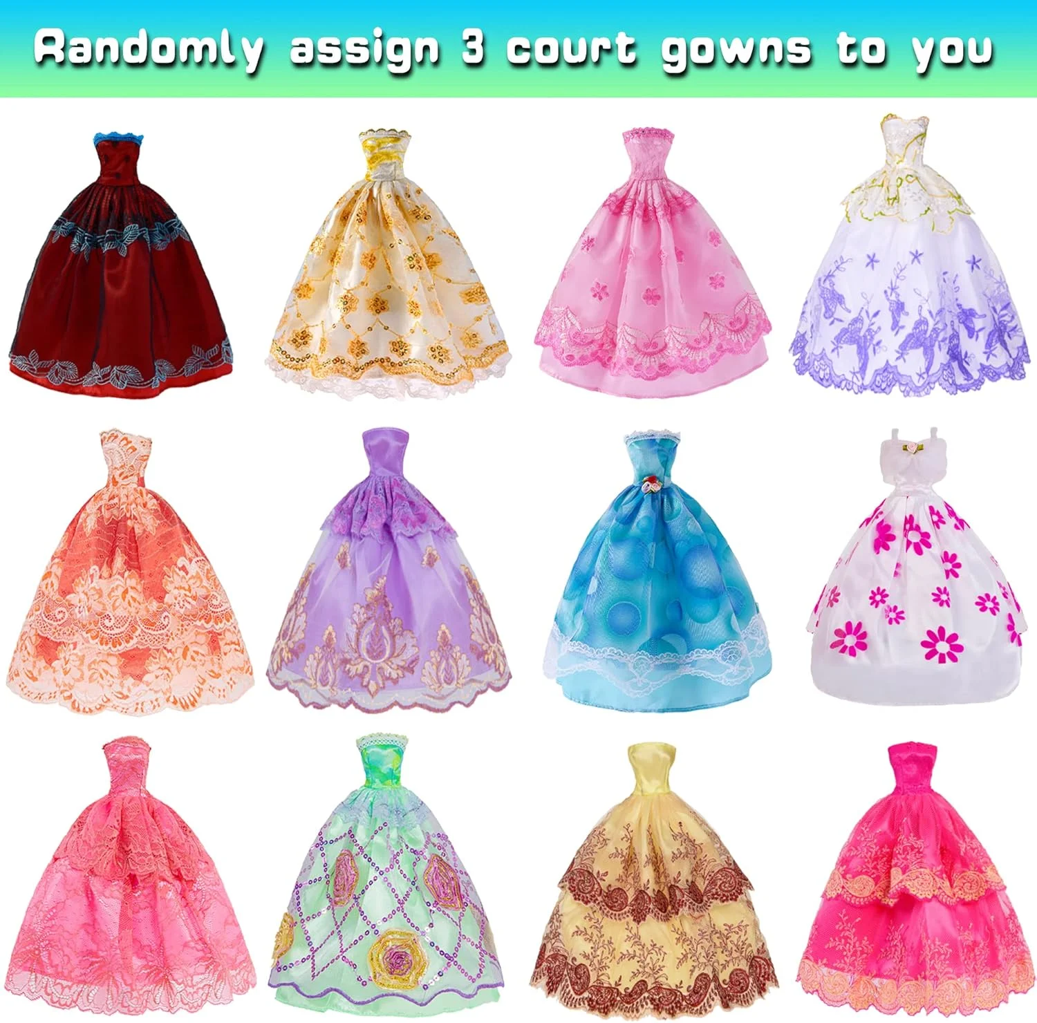 مجموعه 49 تکه لباس و لوازم جانبی عروسک دخترانه 11.5 اینچی iBayda شامل 3 لباس عروس بلند، 4 تاپ، 4 شلوار، 3 بیکینی، 5 لباس مد، 10 کفش، 10 کیف دستی، 10 چوب لباسی (بدون عروسک)