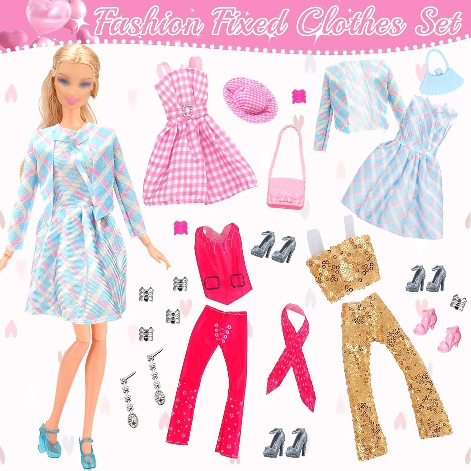 ست لباس عروسک فیلمی برای عروسک 11.5 اینچی، لباس و لوازم جانبی عروسک با لباس صورتی عروسک فیلمی، لباس مد روز، دامن، شلوار جین، تی شرت، شلوار، کلاه، کفش برای هدیه تولد کریسمس دخترانه