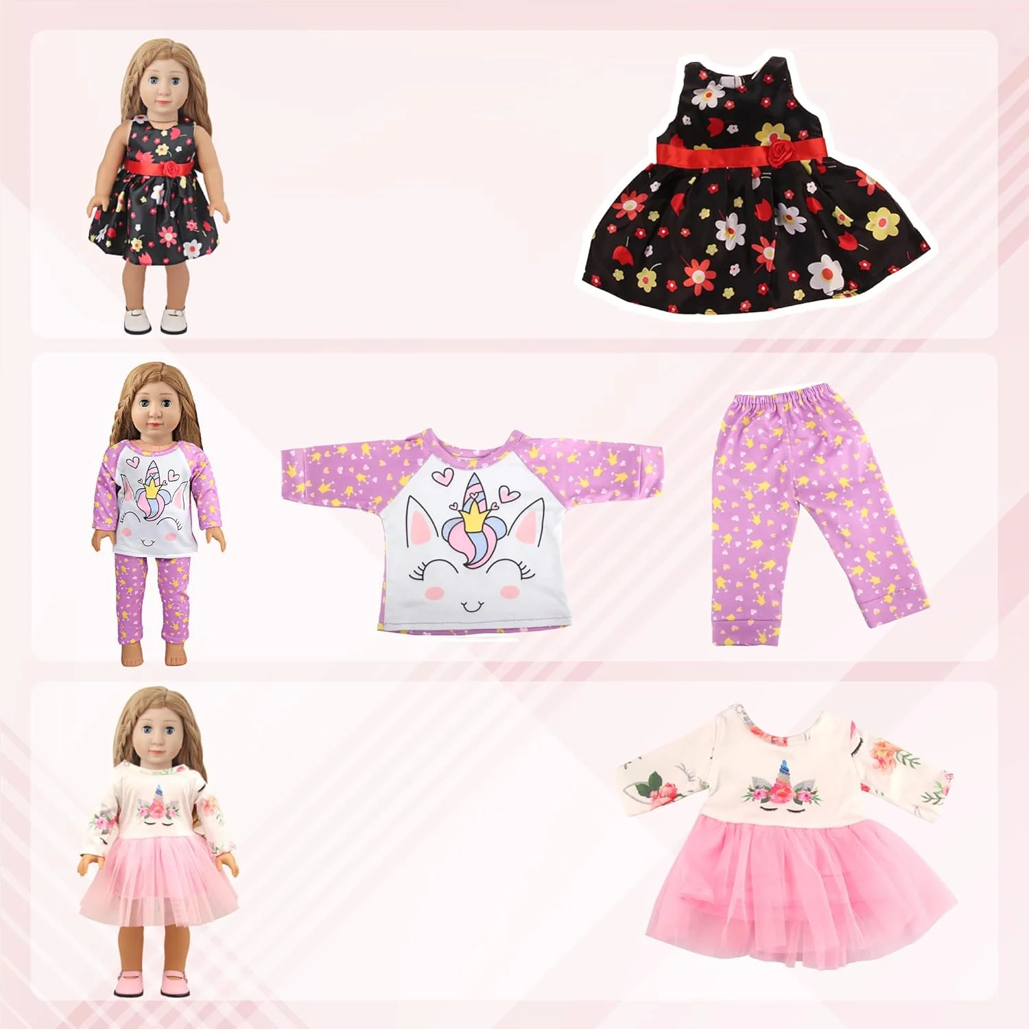 MSYO 10 ست لباس عروسک برای عروسک های 17 تا 18 اینچی، لباس های متنوع (گلدار، خال خال، تک شاخ) و لوازم جانبی، ست لباس پوشیدن مد برای بازی و هدیه دادن عروسک دخترانه