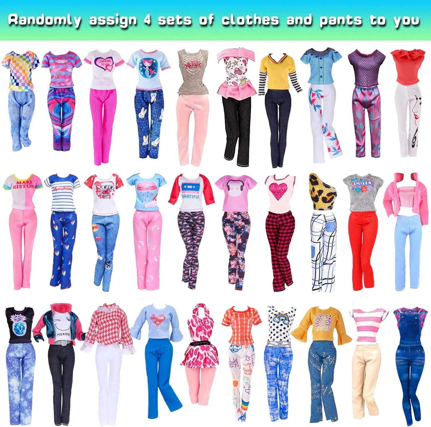 مجموعه 49 تکه لباس و لوازم جانبی عروسک دخترانه 11.5 اینچی iBayda شامل 3 لباس عروس بلند، 4 تاپ، 4 شلوار، 3 بیکینی، 5 لباس مد، 10 کفش، 10 کیف دستی، 10 چوب لباسی (بدون عروسک)