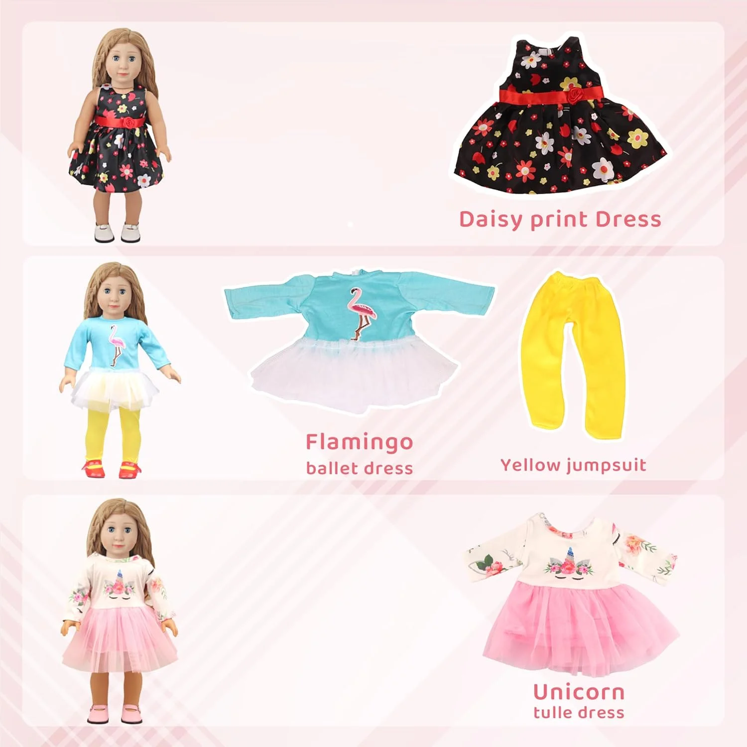 MSYO 10 ست لباس عروسک برای عروسک های 17 تا 18 اینچی، لباس های متنوع (گلدار، خال خال، تک شاخ) و لوازم جانبی، ست لباس پوشیدن مد برای بازی و هدیه دادن عروسک دخترانه