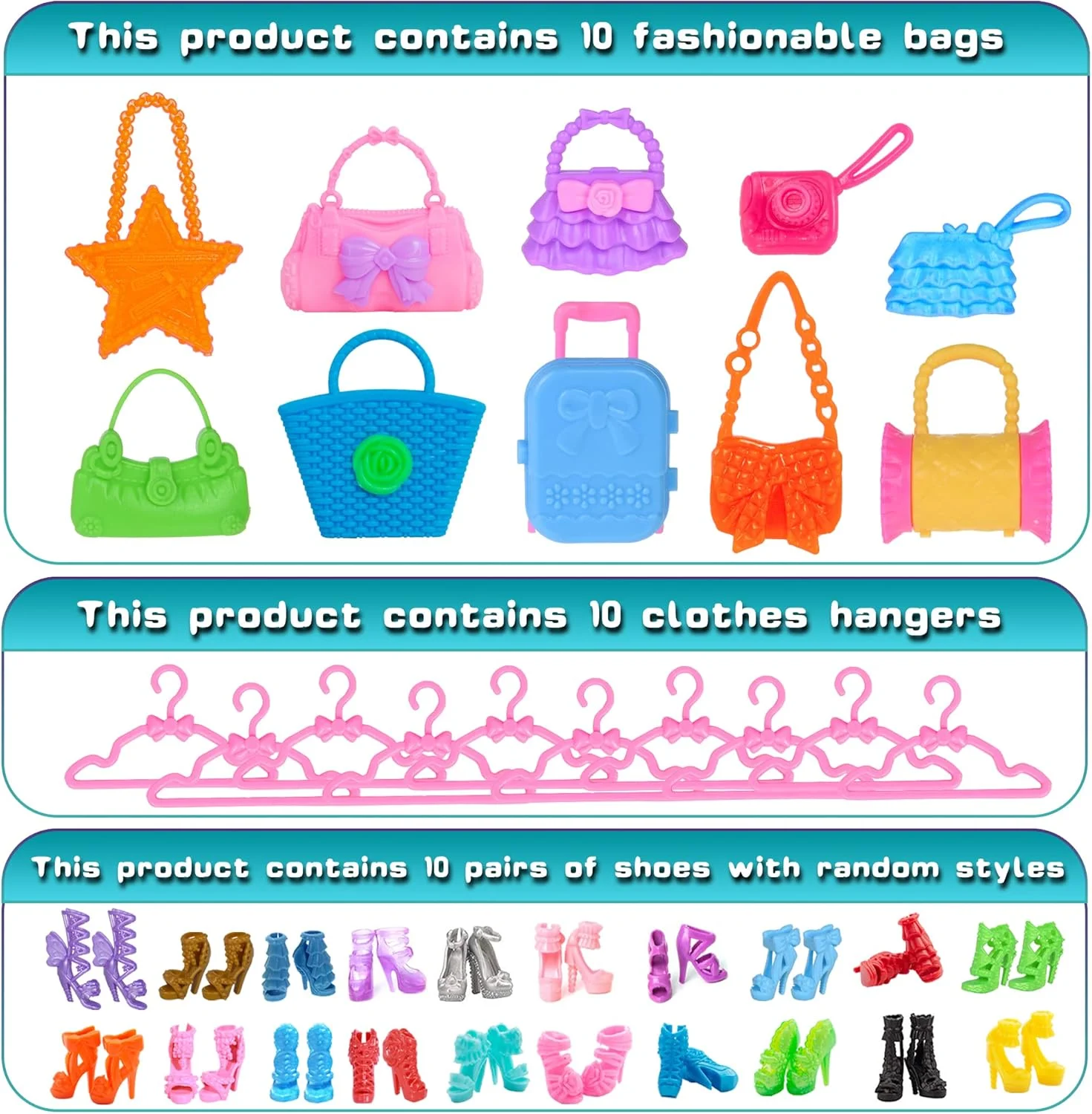 مجموعه 49 تکه لباس و لوازم جانبی عروسک دخترانه 11.5 اینچی iBayda شامل 3 لباس عروس بلند، 4 تاپ، 4 شلوار، 3 بیکینی، 5 لباس مد، 10 کفش، 10 کیف دستی، 10 چوب لباسی (بدون عروسک)