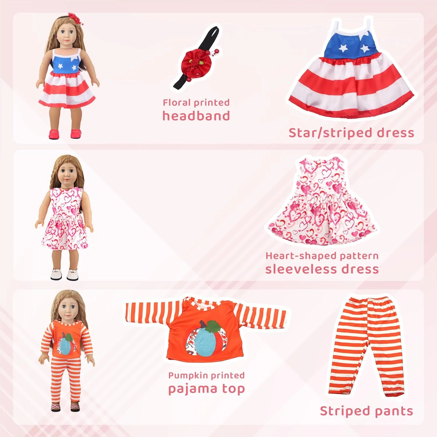 MSYO 10 ست لباس عروسک برای عروسک های 17 تا 18 اینچی، لباس های متنوع (گلدار، خال خال، تک شاخ) و لوازم جانبی، ست لباس پوشیدن مد برای بازی و هدیه دادن عروسک دخترانه