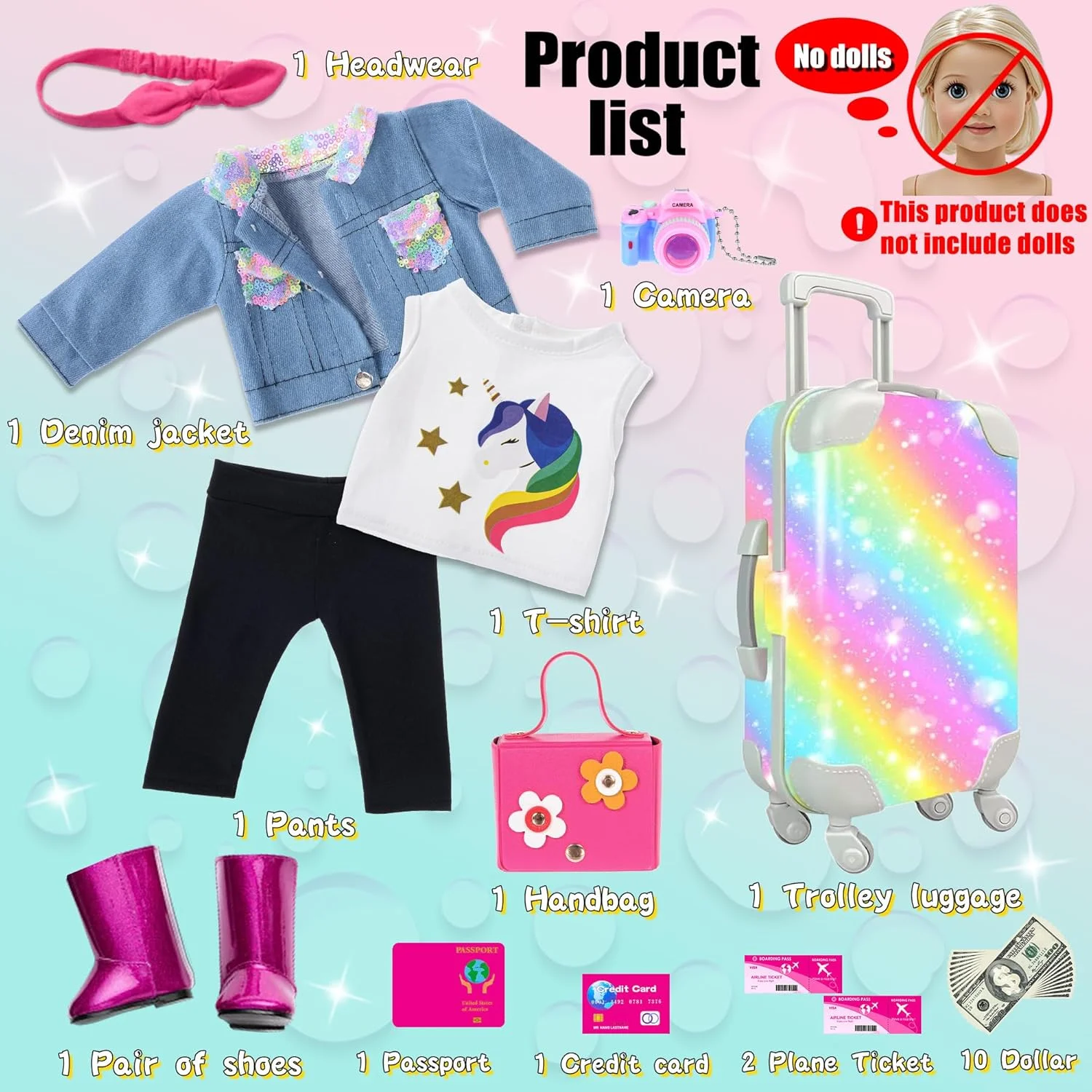 iBayda ست لباس و لوازم جانبی عروسک دخترانه 18 اینچی، چمدان اسباب بازی مسافرتی شامل چمدان رنگارنگ، ژاکت جین، تاپ، شلوار، چکمه، دوربین، کیف دستی ... (عروسک شامل نمی شود)