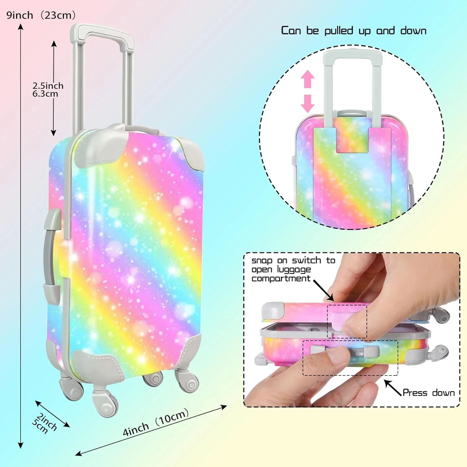 iBayda ست لباس و لوازم جانبی عروسک دخترانه 18 اینچی، چمدان اسباب بازی مسافرتی شامل چمدان رنگارنگ، ژاکت جین، تاپ، شلوار، چکمه، دوربین، کیف دستی ... (عروسک شامل نمی شود)