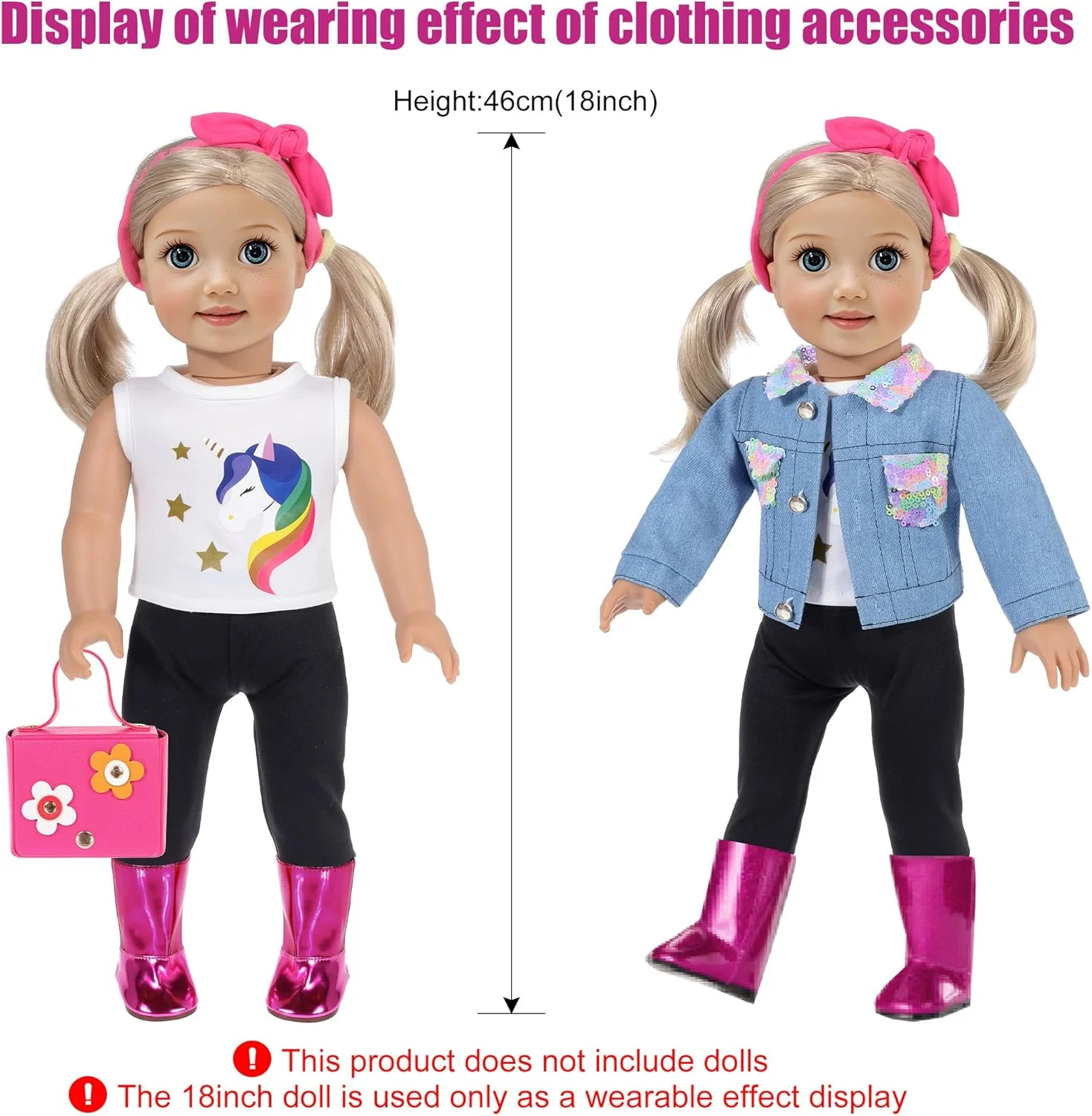 iBayda ست لباس و لوازم جانبی عروسک دخترانه 18 اینچی، چمدان اسباب بازی مسافرتی شامل چمدان رنگارنگ، ژاکت جین، تاپ، شلوار، چکمه، دوربین، کیف دستی ... (عروسک شامل نمی شود)