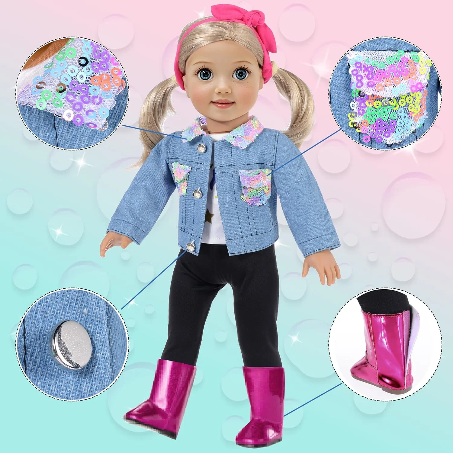 iBayda ست لباس و لوازم جانبی عروسک دخترانه 18 اینچی، چمدان اسباب بازی مسافرتی شامل چمدان رنگارنگ، ژاکت جین، تاپ، شلوار، چکمه، دوربین، کیف دستی ... (عروسک شامل نمی شود)