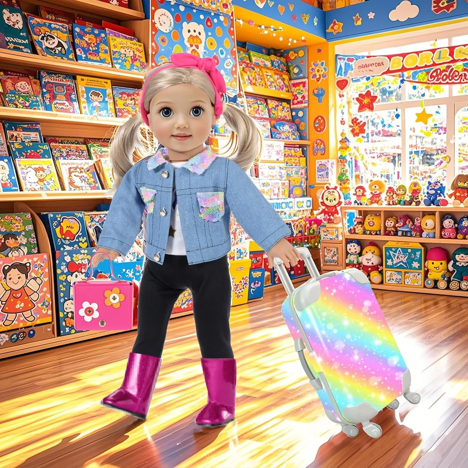 iBayda ست لباس و لوازم جانبی عروسک دخترانه 18 اینچی، چمدان اسباب بازی مسافرتی شامل چمدان رنگارنگ، ژاکت جین، تاپ، شلوار، چکمه، دوربین، کیف دستی ... (عروسک شامل نمی شود)