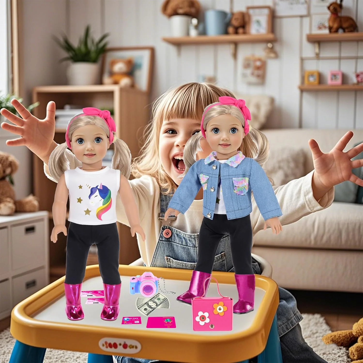iBayda ست لباس و لوازم جانبی عروسک دخترانه 18 اینچی، چمدان اسباب بازی مسافرتی شامل چمدان رنگارنگ، ژاکت جین، تاپ، شلوار، چکمه، دوربین، کیف دستی ... (عروسک شامل نمی شود)