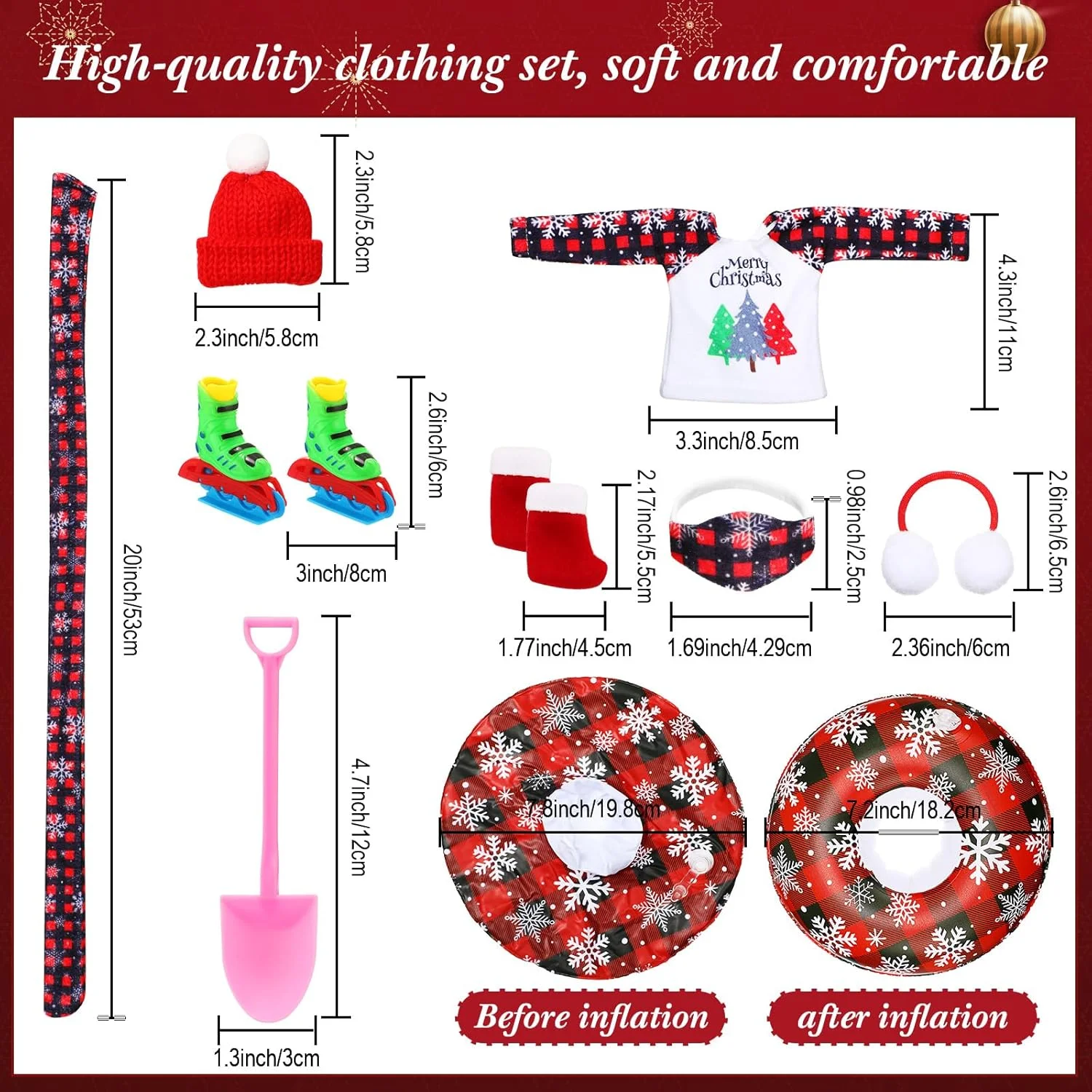 ست 9 عددی لوازم جانبی عروسک جن کریسمس Jenaai، شامل لباس جن کریسمس، گوش گیر، شال گردن، ژاکت، چکمه، تیوپ برفی بادی، ماسک، کلاه، اسکیت روی یخ، بیل برای دکور عروسک، طرح چهارخانه قرمز و مشکی ست 9 عددی لوازم جانبی عروسک جن کریسمس Jenaai، شامل لباس جن کریسمس، گوش گیر، شال گردن، ژاکت، چکمه، تیوپ برفی بادی، ماسک، کلاه، اسکیت روی یخ، بیل برای دکور عروسک، طرح چهارخانه قرمز و مشکی