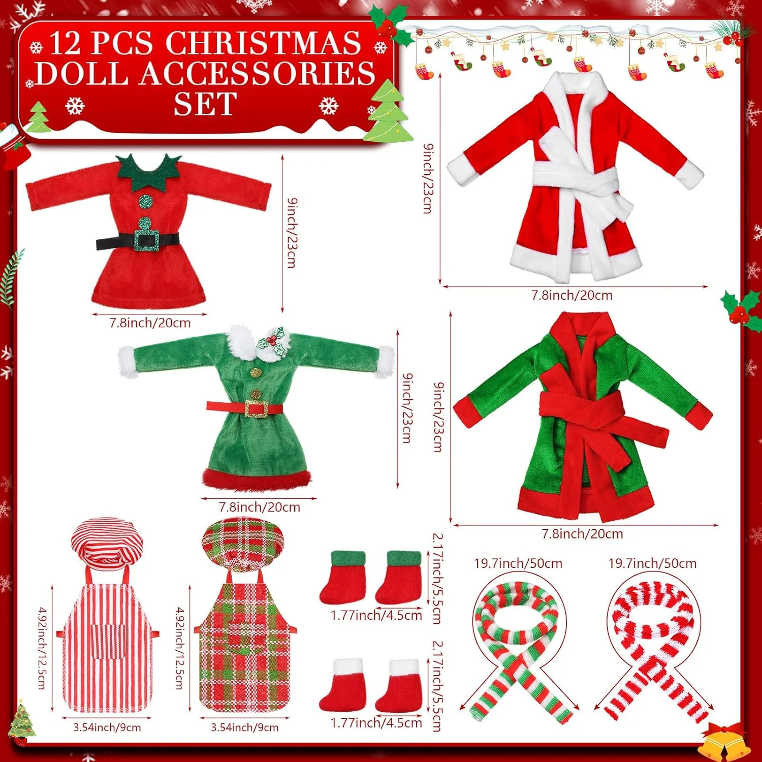 ست 12 تکه لوازم جانبی کریسمس Jenaai شامل لباس، دامن، جلیقه پشمی، حوله حمام، کیسه خواب تابدار، شال گردن، پیش بند، کلاه و جوراب (سبک کلاسیک الف) ست 12 تکه لوازم جانبی کریسمس Jenaai شامل لباس، دامن، جلیقه پشمی، حوله حمام، کیسه خواب تابدار، شال گردن، پیش بند، کلاه و جوراب (سبک کلاسیک الف)