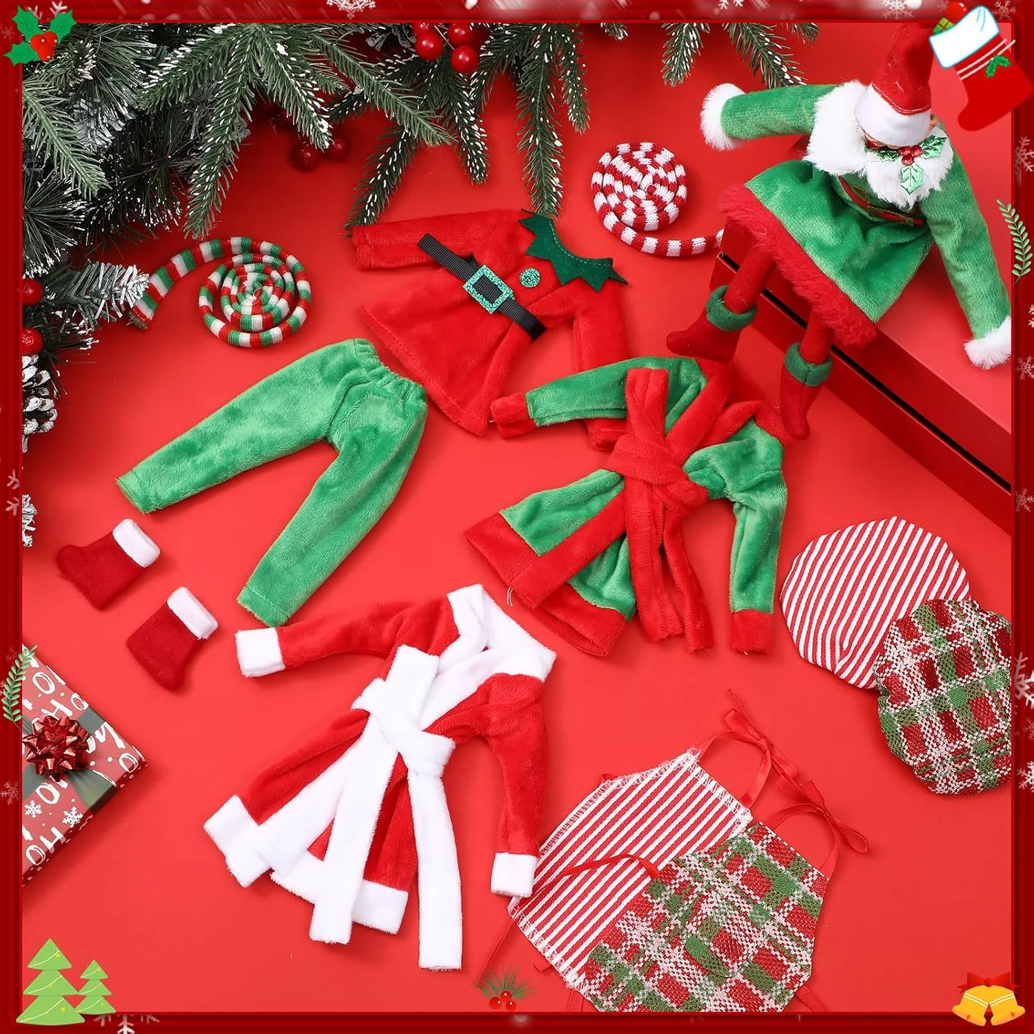 ست 12 تکه لوازم جانبی کریسمس Jenaai شامل لباس، دامن، جلیقه پشمی، حوله حمام، کیسه خواب تابدار، شال گردن، پیش بند، کلاه و جوراب (سبک کلاسیک الف) ست 12 تکه لوازم جانبی کریسمس Jenaai شامل لباس، دامن، جلیقه پشمی، حوله حمام، کیسه خواب تابدار، شال گردن، پیش بند، کلاه و جوراب (سبک کلاسیک الف)