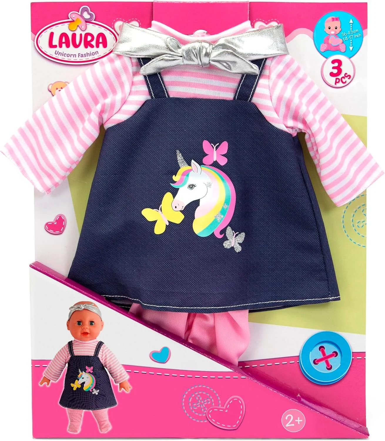 لباس فشن لورا تک شاخ سیمبا 105400510، 3 تکه، پیراهن با طرح اکلیلی تک شاخ، هدبند و جوراب شلواری برای عروسک های 36-43 سانتی متری، مناسب برای کودکان بالای 2 سال