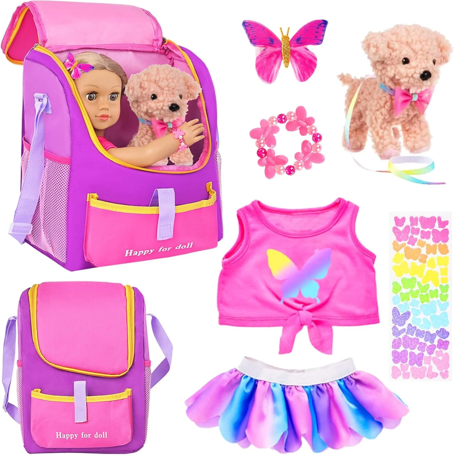 ست کیف و لوازم جانبی عروسک 18 اینچی 18INDC شامل 7 قطعه لباس عروسک 18 اینچی، استیکر، گیره موی پروانه ای، دستبند و سگ اسباب بازی برای عروسک 18 اینچی