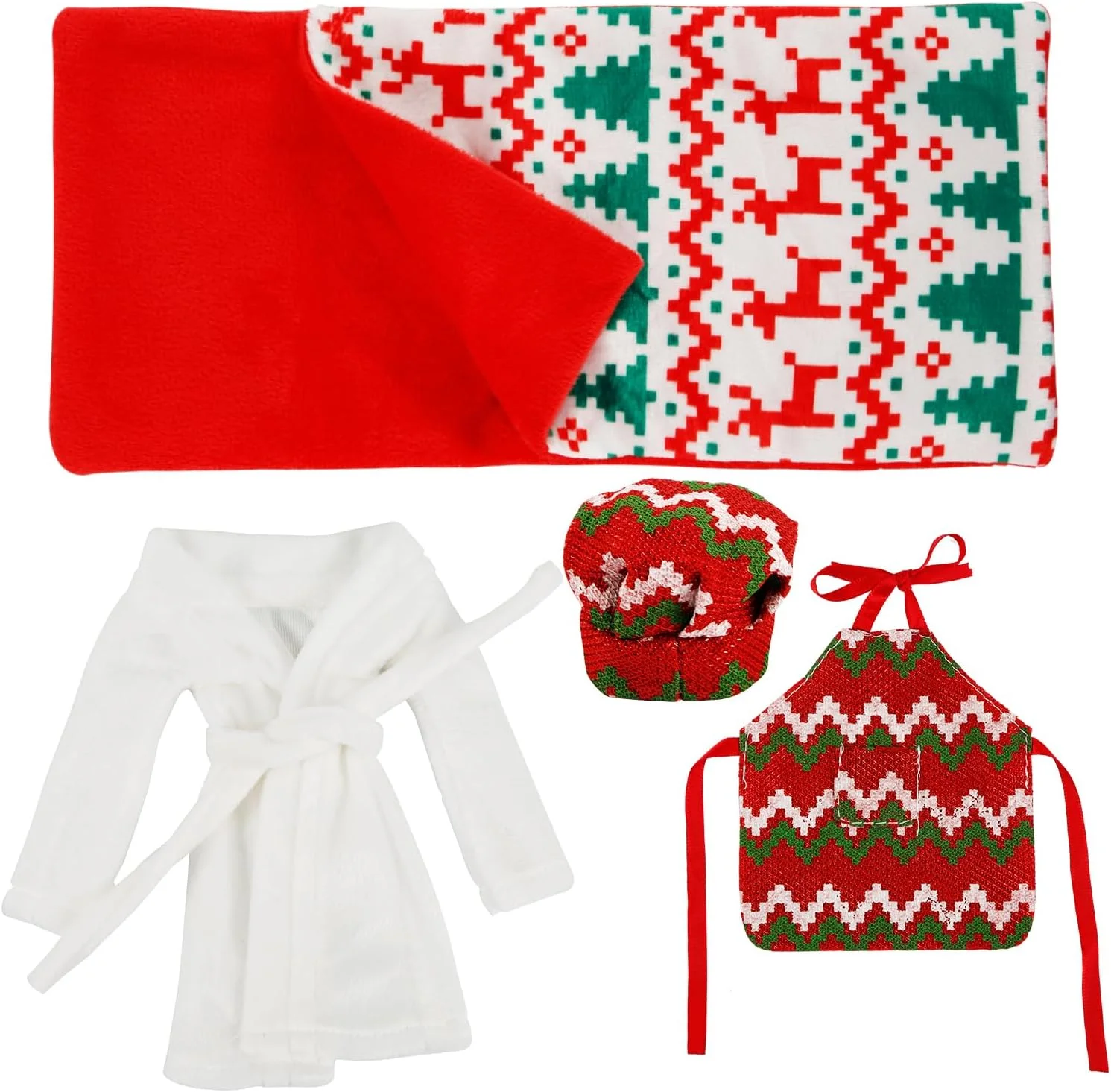 ست 4 عددی لوازم جانبی کریسمس الف PEUTIER شامل لباس خواب عروسک الف، کلاه آشپز، پیش بند، کیسه خواب، تزئینات کریسمس برای خانه عروسکی