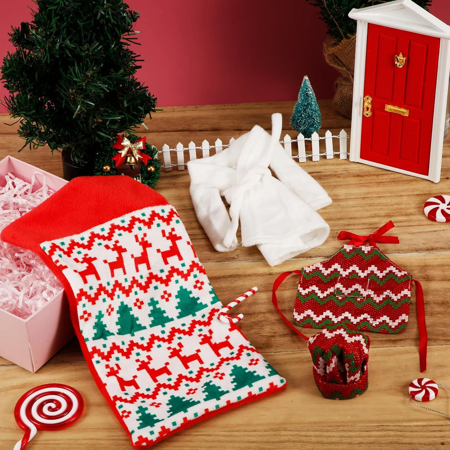 ست 4 عددی لوازم جانبی کریسمس الف PEUTIER شامل لباس خواب عروسک الف، کلاه آشپز، پیش بند، کیسه خواب، تزئینات کریسمس برای خانه عروسکی ست 4 عددی لوازم جانبی کریسمس الف PEUTIER شامل لباس خواب عروسک الف، کلاه آشپز، پیش بند، کیسه خواب، تزئینات کریسمس برای خانه عروسکی