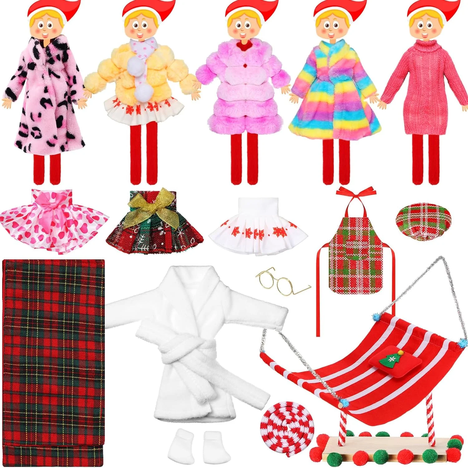 ست 15 عددی لوازم جانبی عروسک جن کریسمس Cutecrop شامل لباس جن، تاب، بیلچه، شال گردن، عینک، کفش های اسکیت، جوراب، تخت آویز، کلاه قرمز، حلقه شنای PVC مناسب برای عروسک های جن کریسمس (مد روز)