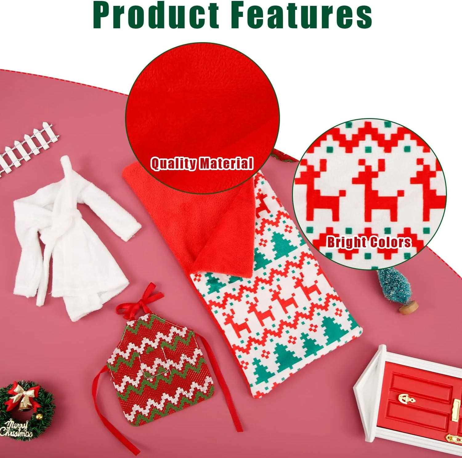 ست 4 عددی لوازم جانبی کریسمس الف PEUTIER شامل لباس خواب عروسک الف، کلاه آشپز، پیش بند، کیسه خواب، تزئینات کریسمس برای خانه عروسکی ست 4 عددی لوازم جانبی کریسمس الف PEUTIER شامل لباس خواب عروسک الف، کلاه آشپز، پیش بند، کیسه خواب، تزئینات کریسمس برای خانه عروسکی