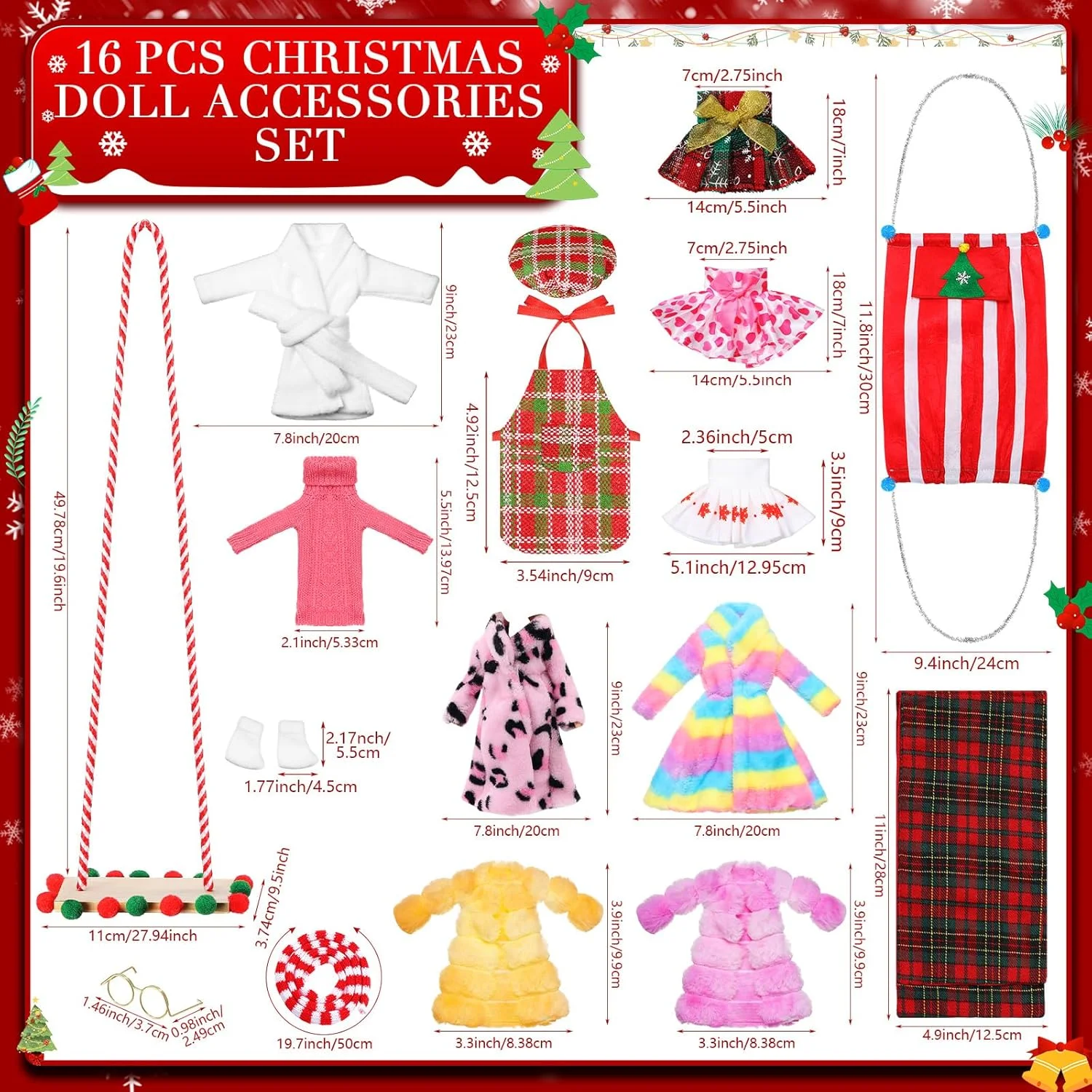 ست 15 عددی لوازم جانبی عروسک جن کریسمس Cutecrop شامل لباس جن، تاب، بیلچه، شال گردن، عینک، کفش های اسکیت، جوراب، تخت آویز، کلاه قرمز، حلقه شنای PVC مناسب برای عروسک های جن کریسمس (مد روز) ست 15 عددی لوازم جانبی عروسک جن کریسمس Cutecrop شامل لباس جن، تاب، بیلچه، شال گردن، عینک، کفش های اسکیت، جوراب، تخت آویز، کلاه قرمز، حلقه شنای PVC مناسب برای عروسک های جن کریسمس (مد روز)