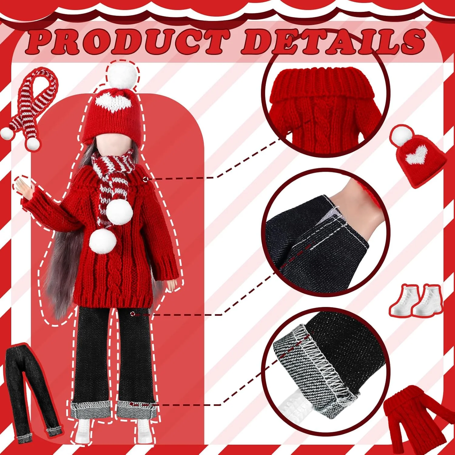 لباس عروسک 29 سانتی متری Geyoga، ست لباس بافتنی بهاری شامل لباس بافتنی، شلوار جین، کلاه، شال گردن، کفش (مدل زیبا) لباس عروسک 29 سانتی متری Geyoga، ست لباس بافتنی بهاری شامل لباس بافتنی، شلوار جین، کلاه، شال گردن، کفش (مدل زیبا)