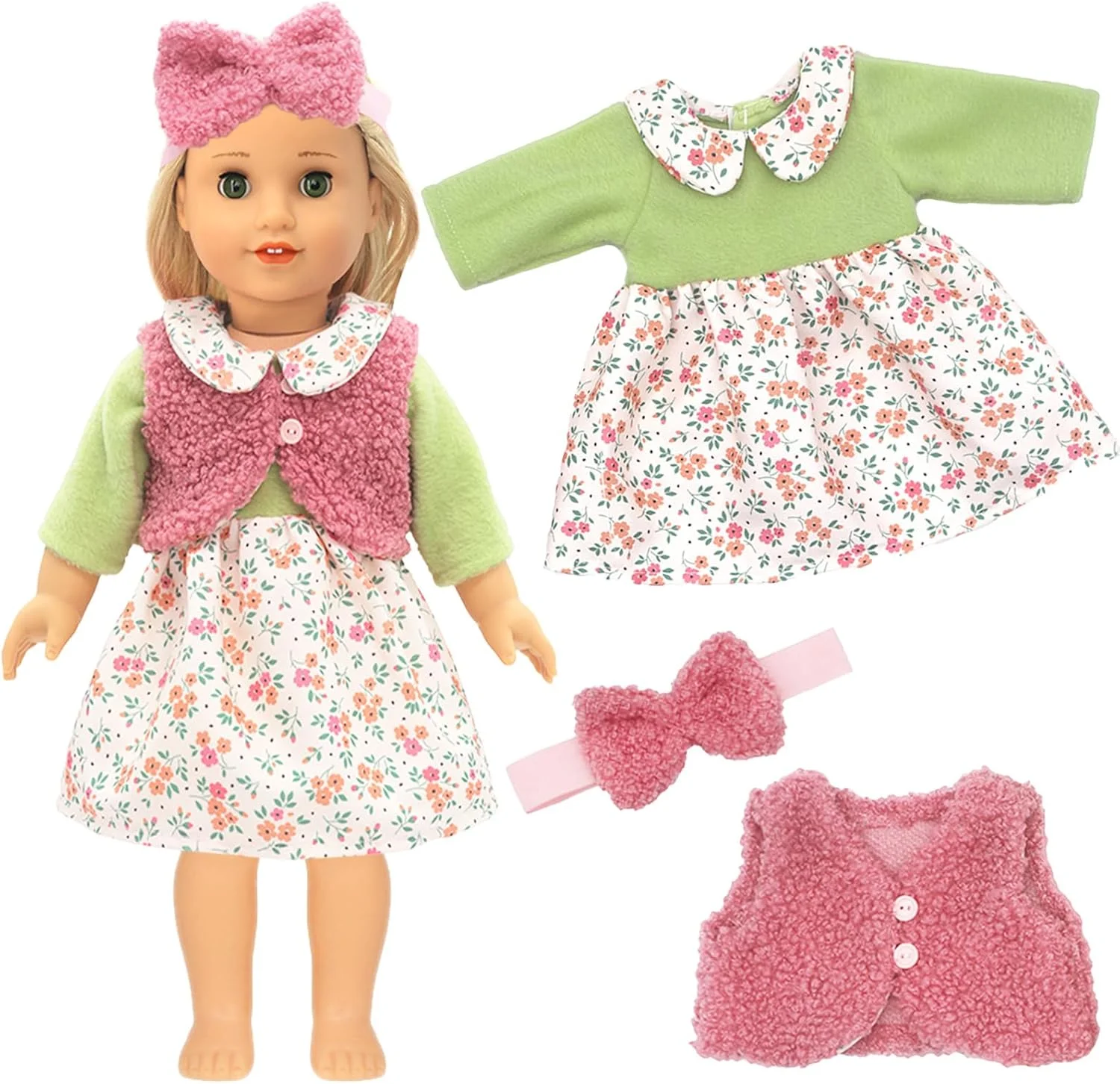 لباس عروسک WanderGo مناسب عروسک های 35-43 سانتی متر، شامل یک پیراهن، جلیقه و هدبند، لباس برای عروسک های 14-18 اینچی