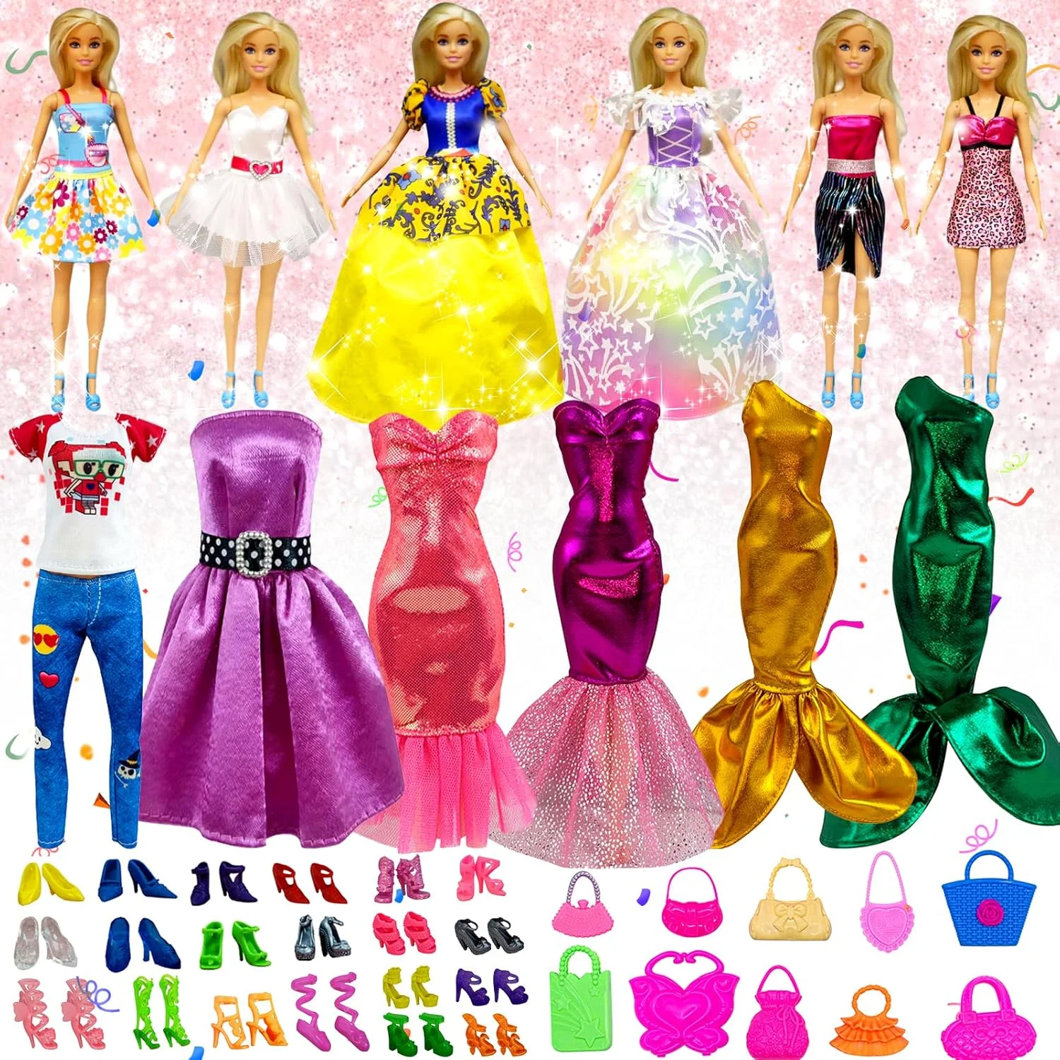 ست لباس مد 43 تکه عروسک truee، 2 لباس مهمانی عروسک، 5 لباس مینی عروسک دخترانه، 4 لباس پری دریایی، 1 تی شرت، 1 شلوار، 20 جفت کفش برای عروسک های 11.5 اینچی، 10 کیف دستی عروسک