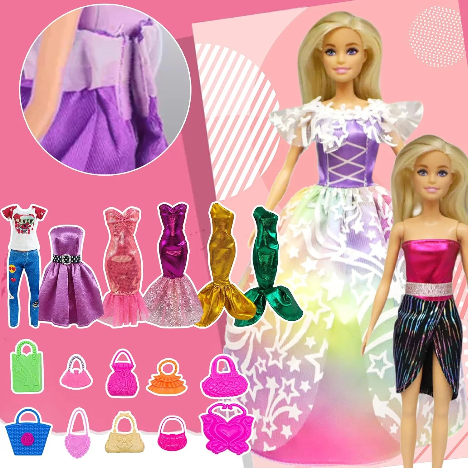 ست لباس مد 43 تکه عروسک truee، 2 لباس مهمانی عروسک، 5 لباس مینی عروسک دخترانه، 4 لباس پری دریایی، 1 تی شرت، 1 شلوار، 20 جفت کفش برای عروسک های 11.5 اینچی، 10 کیف دستی عروسک ست لباس مد 43 تکه عروسک truee، 2 لباس مهمانی عروسک، 5 لباس مینی عروسک دخترانه، 4 لباس پری دریایی، 1 تی شرت، 1 شلوار، 20 جفت کفش برای عروسک های 11.5 اینچی، 10 کیف دستی عروسک