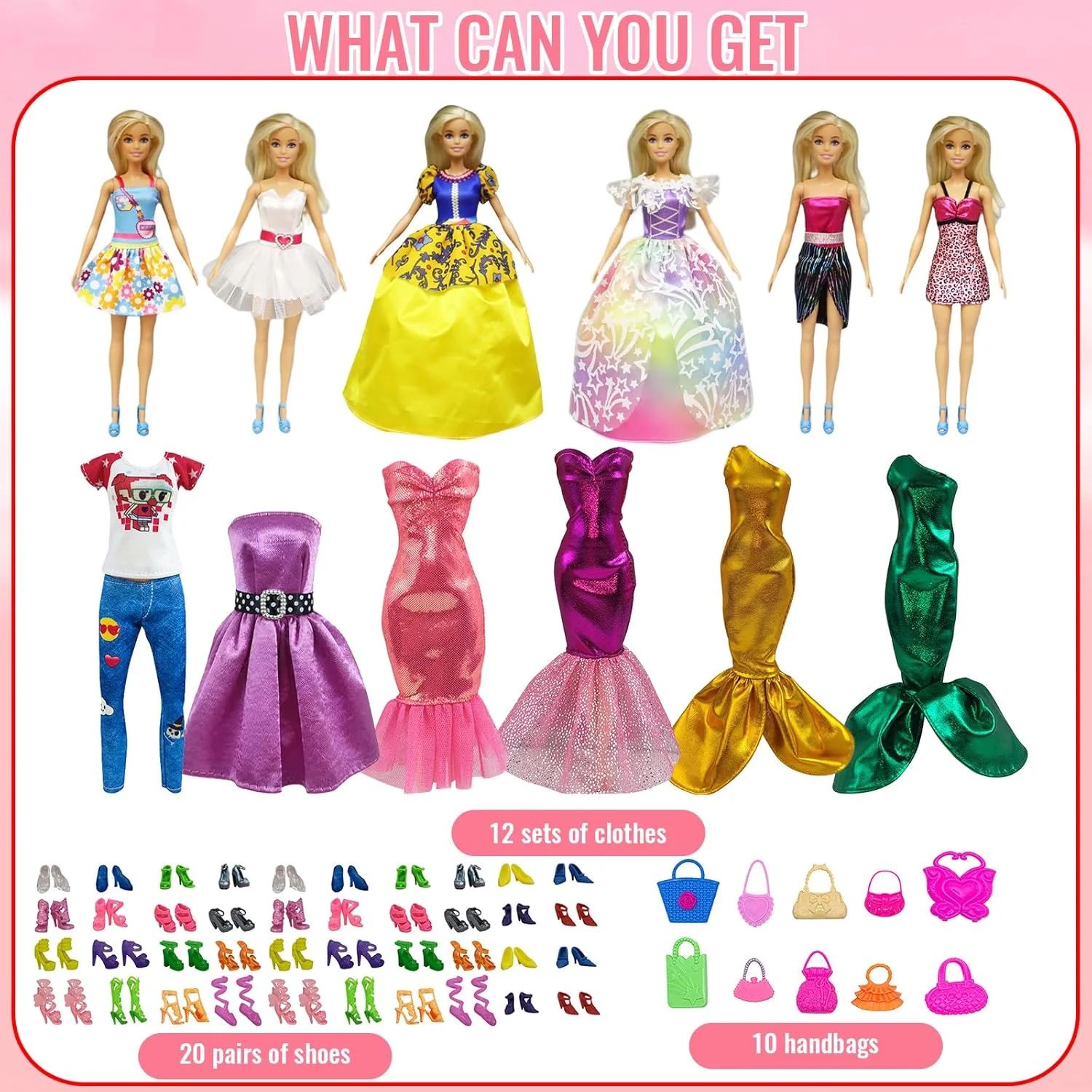 ست لباس مد 43 تکه عروسک truee، 2 لباس مهمانی عروسک، 5 لباس مینی عروسک دخترانه، 4 لباس پری دریایی، 1 تی شرت، 1 شلوار، 20 جفت کفش برای عروسک های 11.5 اینچی، 10 کیف دستی عروسک ست لباس مد 43 تکه عروسک truee، 2 لباس مهمانی عروسک، 5 لباس مینی عروسک دخترانه، 4 لباس پری دریایی، 1 تی شرت، 1 شلوار، 20 جفت کفش برای عروسک های 11.5 اینچی، 10 کیف دستی عروسک