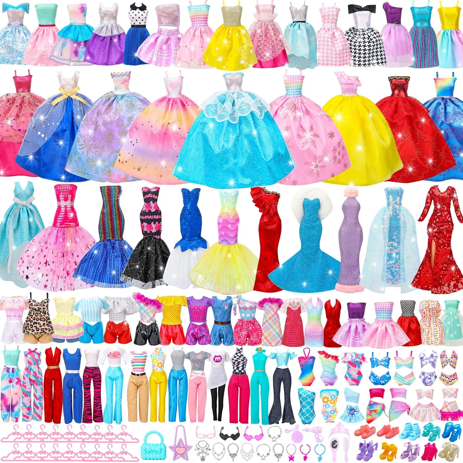 لباس و اکسسوری عروسک Style Shine، 4 لباس عروسی، 2 لباس شب، 8 لباس مد روز، 6 ست لباس غیر رسمی، تاپ و شلوار، 2 لباس شنا، 18 چوب لباسی، 10 جفت کفش، 20 اکسسوری