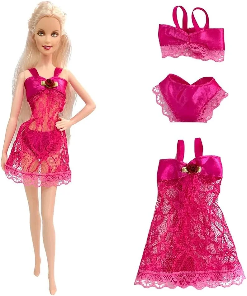 ست اسباب بازی مینی لباس زیر زنانه، لباس خواب، بیکینی، 3 تکه، لباس زیر، سوتین، لباس توری، لباس خانه، لوازم جانبی لباس عروسک. (صورتی)