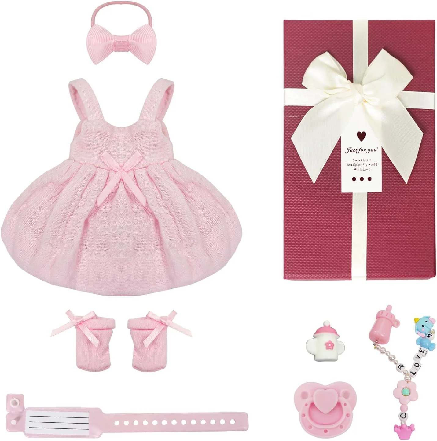 ست لوازم جانبی لباس عروسک نوزاد صورتی MYREBABY برای عروسک 7 اینچی به همراه جعبه هدیه شامل سربند، شیشه شیر، پستانک، لوازم جانبی اسباب بازی غذاخوری