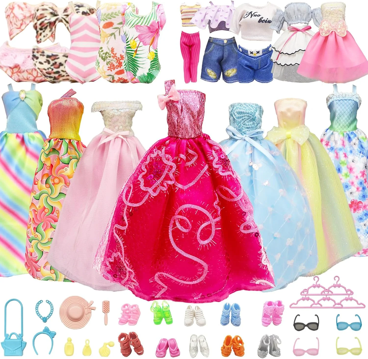 لباس و لوازم جانبی عروسک WanderGo سازگار با عروسک های باربی، شامل 1 لباس عروس ثابت، 4 دامن ساسون دار، 2 شلوار تاپ، 2 بیکینی، 14 لوازم جانبی، 20 کفش برای عروسک های 11.5 اینچی
