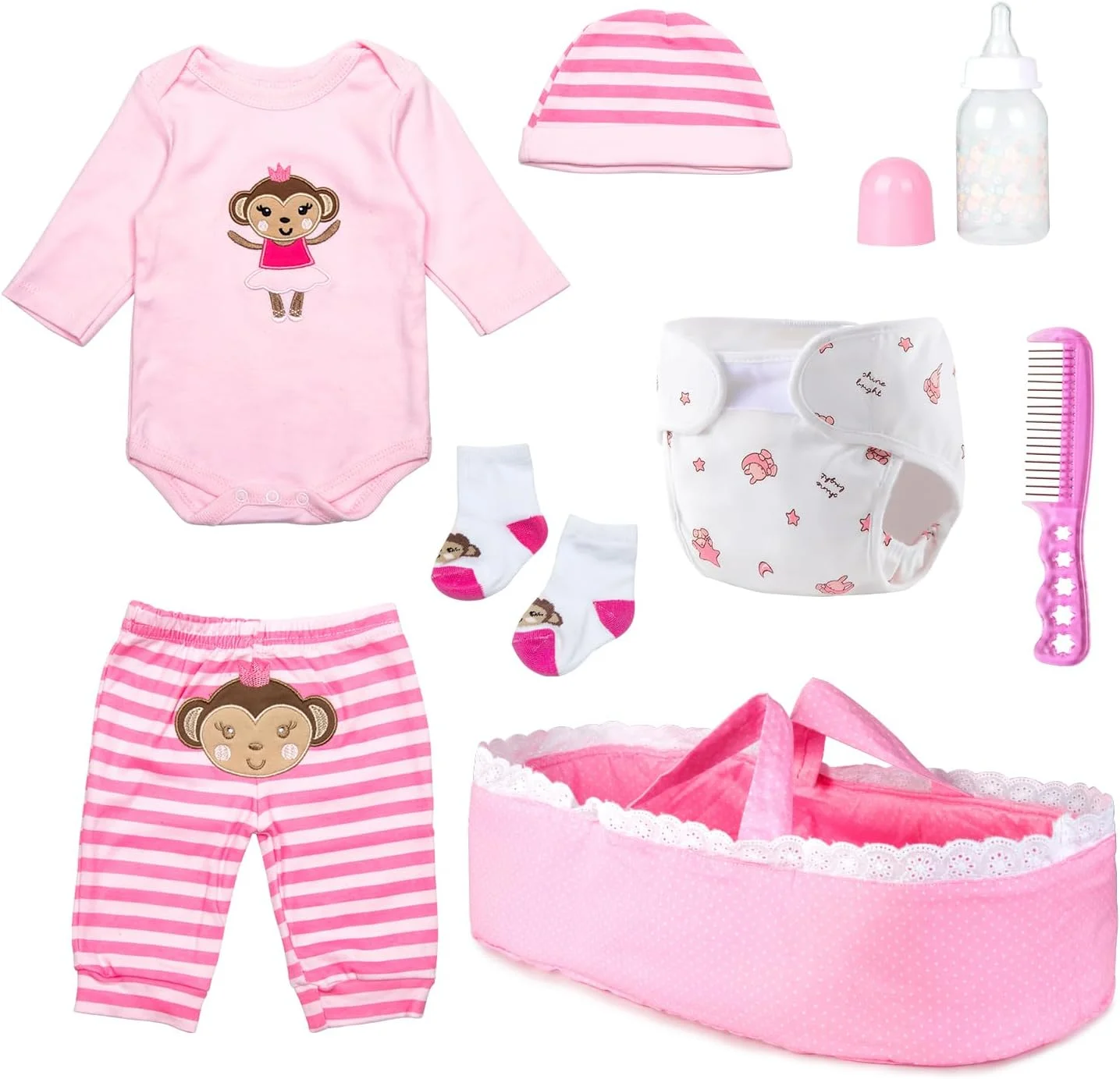 ست لباس 8 تکه عروسک نوزاد Babyfere - لباس و لوازم جانبی عروسک میمون صورتی برای عروسک های 17-22 اینچی