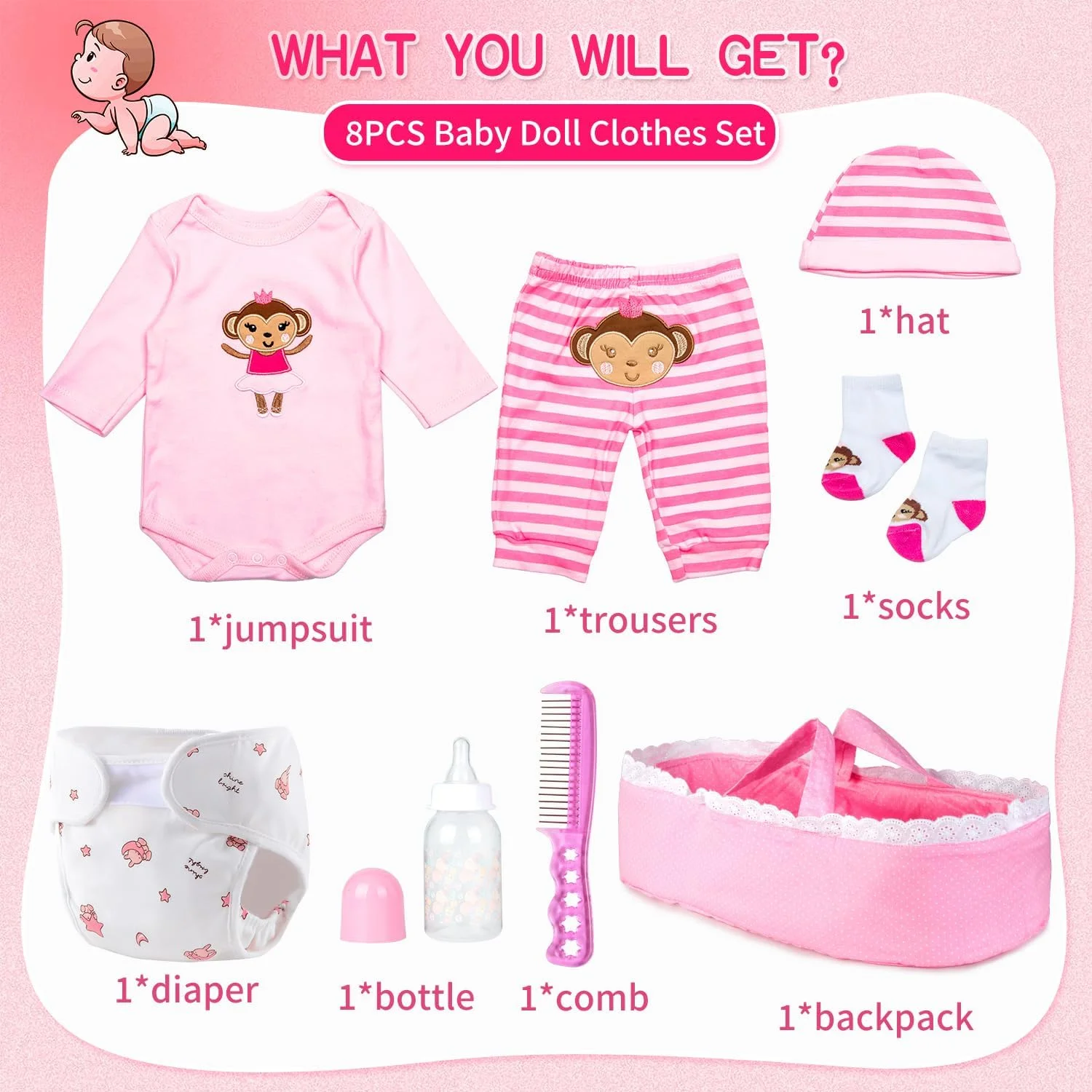 ست لباس 8 تکه عروسک نوزاد Babyfere - لباس و لوازم جانبی عروسک میمون صورتی برای عروسک های 17-22 اینچی