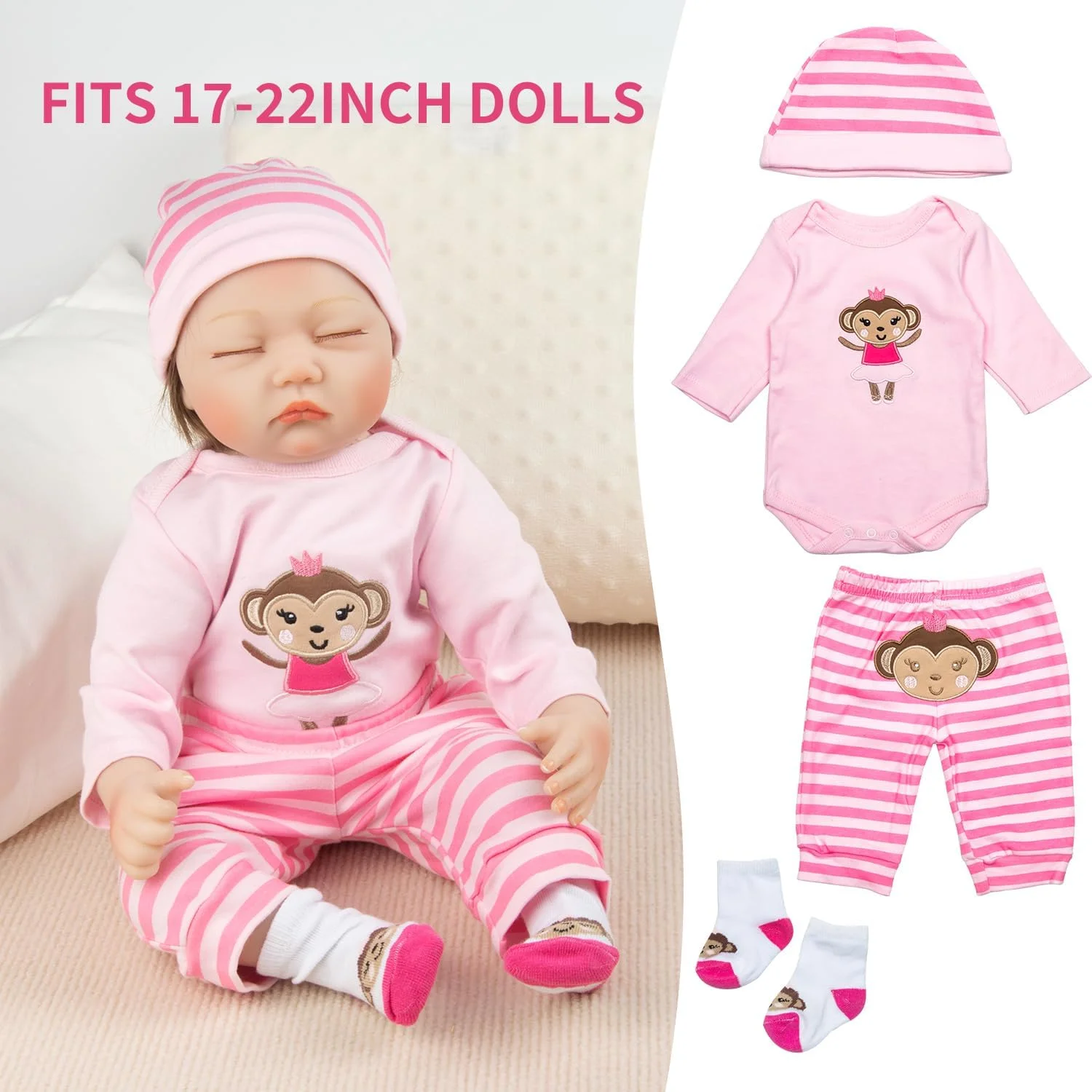 ست لباس 8 تکه عروسک نوزاد Babyfere - لباس و لوازم جانبی عروسک میمون صورتی برای عروسک های 17-22 اینچی