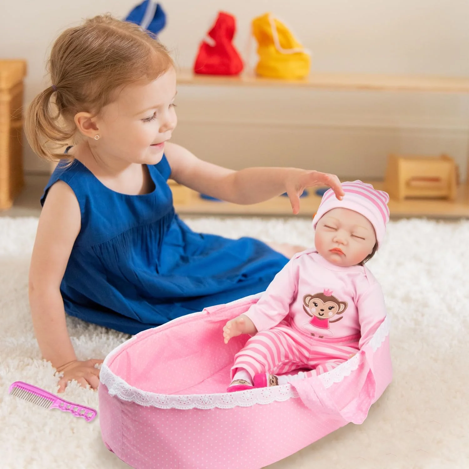 ست لباس 8 تکه عروسک نوزاد Babyfere - لباس و لوازم جانبی عروسک میمون صورتی برای عروسک های 17-22 اینچی