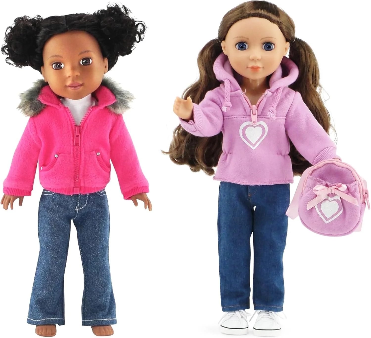 بسته لباس و لوازم جانبی ولنتاین عروسک 14.5 اینچی امیلی رز | ست 6 تکه شامل کت خز مصنوعی، تیشرت، هودی قلبی با 2 جفت شلوار جین و کوله پشتی | عروسک و کفش شامل نمی شود