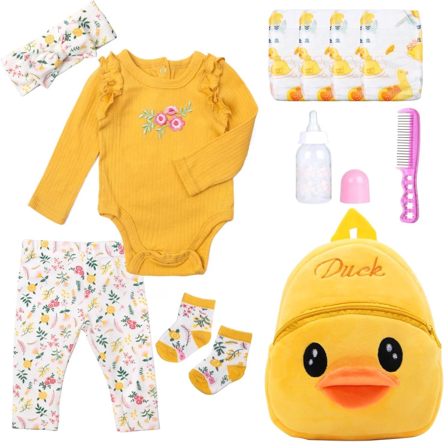 ست لباس عروسک نوزاد Babyfere Reborn به همراه کوله پشتی و پوشک، مناسب برای عروسک های 17-22 اینچی، لباس های زرد روشن، 11 تکه