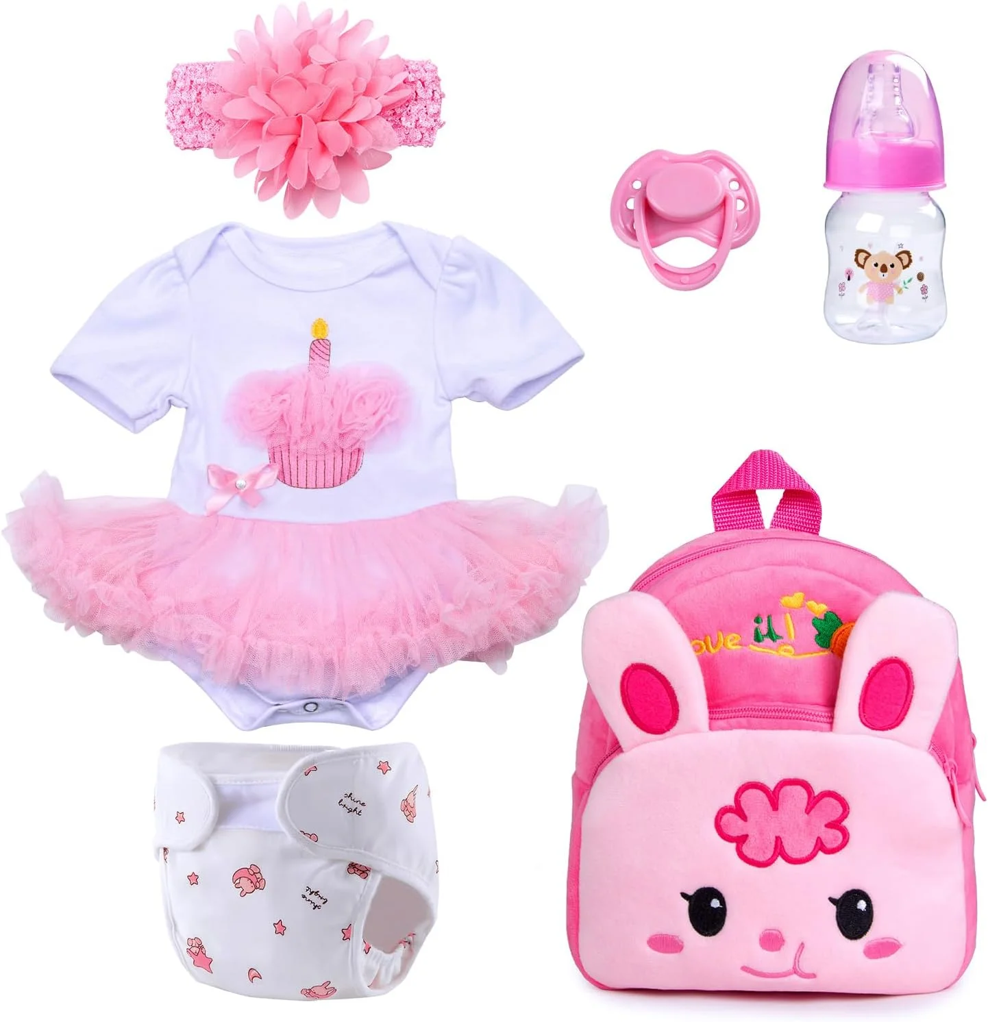 ست لباس و لوازم جانبی عروسک نوزاد Babyfere Reborn با کوله پشتی و پوشک مناسب عروسک های دخترانه 17-22 اینچی، لباس توتو صورتی زیبا، دامن باله، لباس نوزادی، شیشه شیر، 6 تکه
