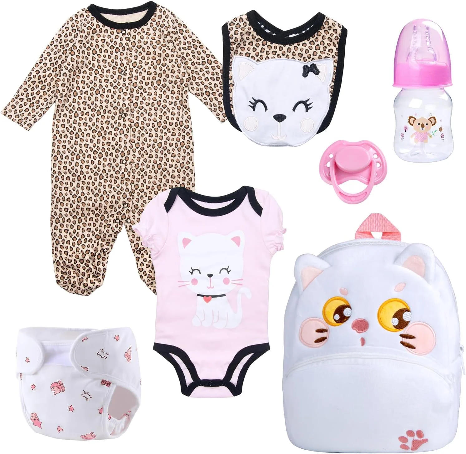 لباس عروسک نوزاد Babyfere Reborn به همراه کوله پشتی و پوشک مناسب عروسک های 17-22 اینچی، طرح گربه ای زیبا، طرح پلنگی، لباس عروسک های Reborn، لوازم جانبی شیشه شیر، 7 تکه