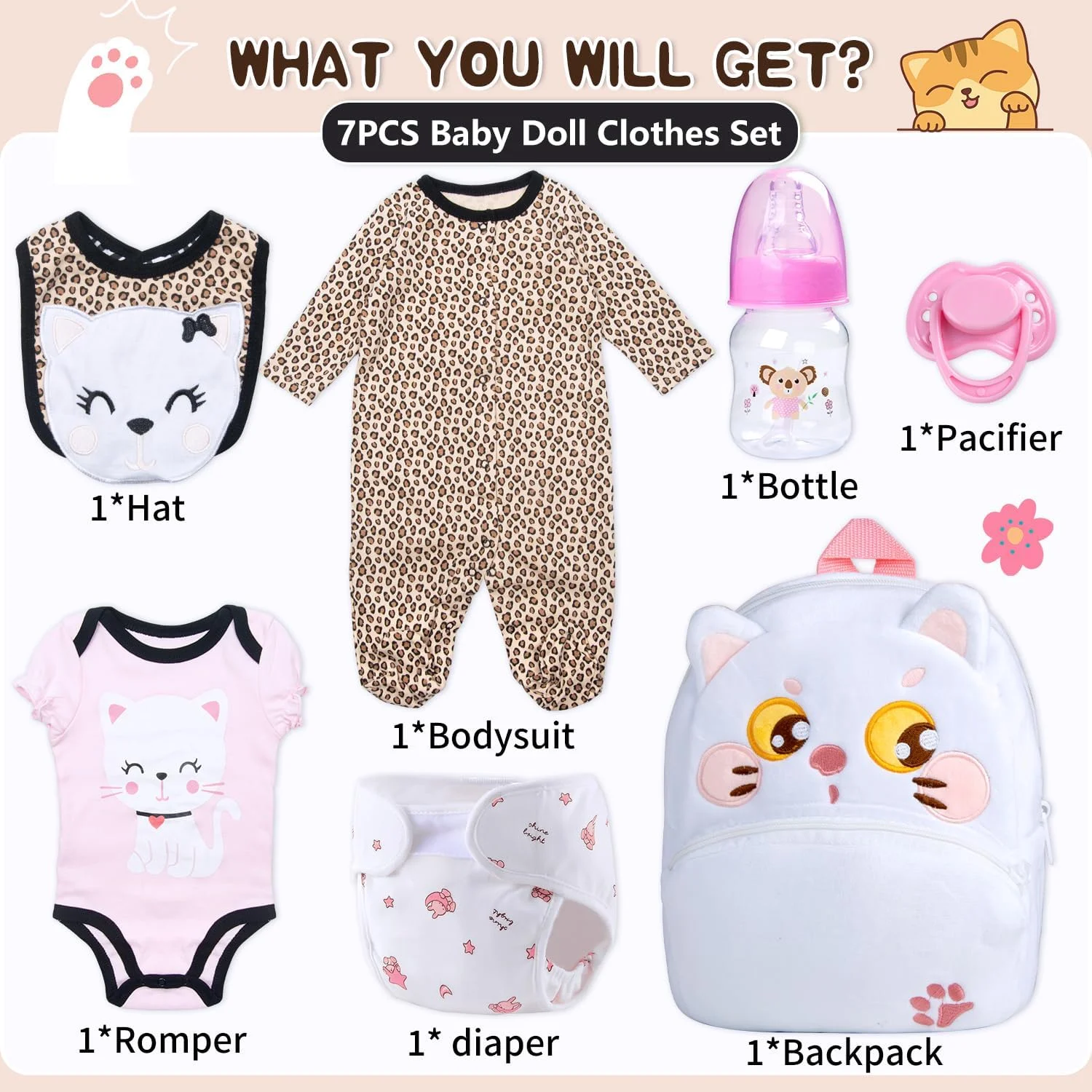 لباس عروسک نوزاد Babyfere Reborn به همراه کوله پشتی و پوشک مناسب عروسک های 17-22 اینچی، طرح گربه ای زیبا، طرح پلنگی، لباس عروسک های Reborn، لوازم جانبی شیشه شیر، 7 تکه لباس عروسک نوزاد Babyfere Reborn به همراه کوله پشتی و پوشک مناسب عروسک های 17-22 اینچی، طرح گربه ای زیبا، طرح پلنگی، لباس عروسک های Reborn، لوازم جانبی شیشه شیر، 7 تکه