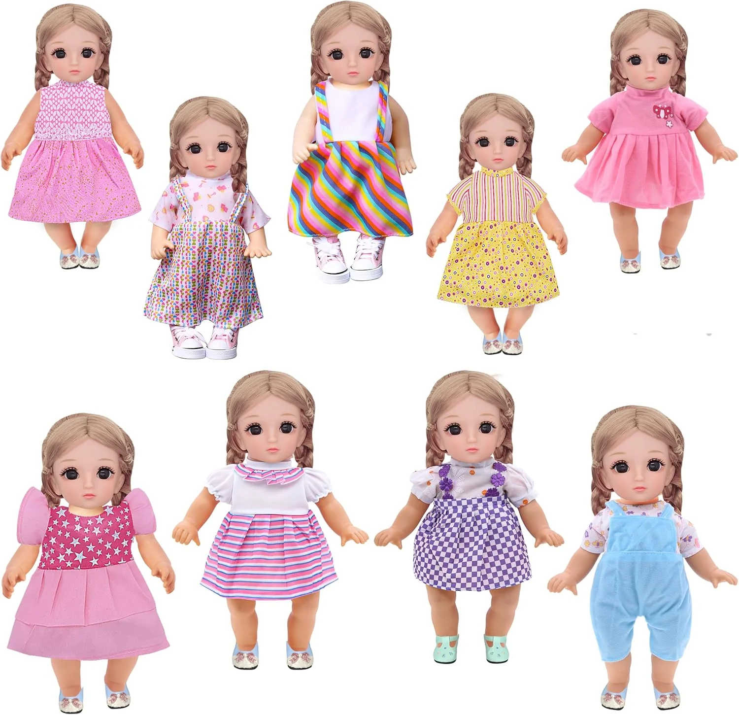 ست 18 تکه لباس عروسک نوزاد 13-15 اینچی - ست مراقبت از لباس عروسک دخترانه | 9 لباس قابل شستشو با پوشک، شیشه شیر و ظروف غذاخوری | کیت آموزشی بازی وانمودی