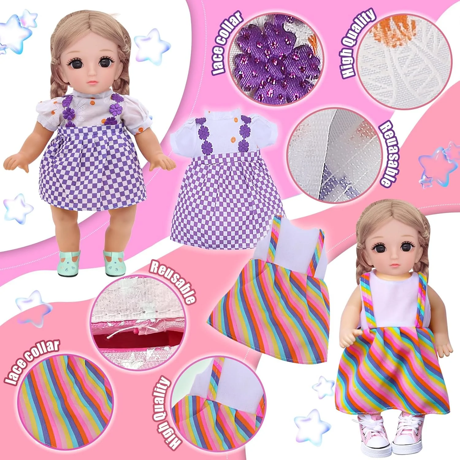 ست 18 تکه لباس عروسک نوزاد 13-15 اینچی - ست مراقبت از لباس عروسک دخترانه | 9 لباس قابل شستشو با پوشک، شیشه شیر و ظروف غذاخوری | کیت آموزشی بازی وانمودی