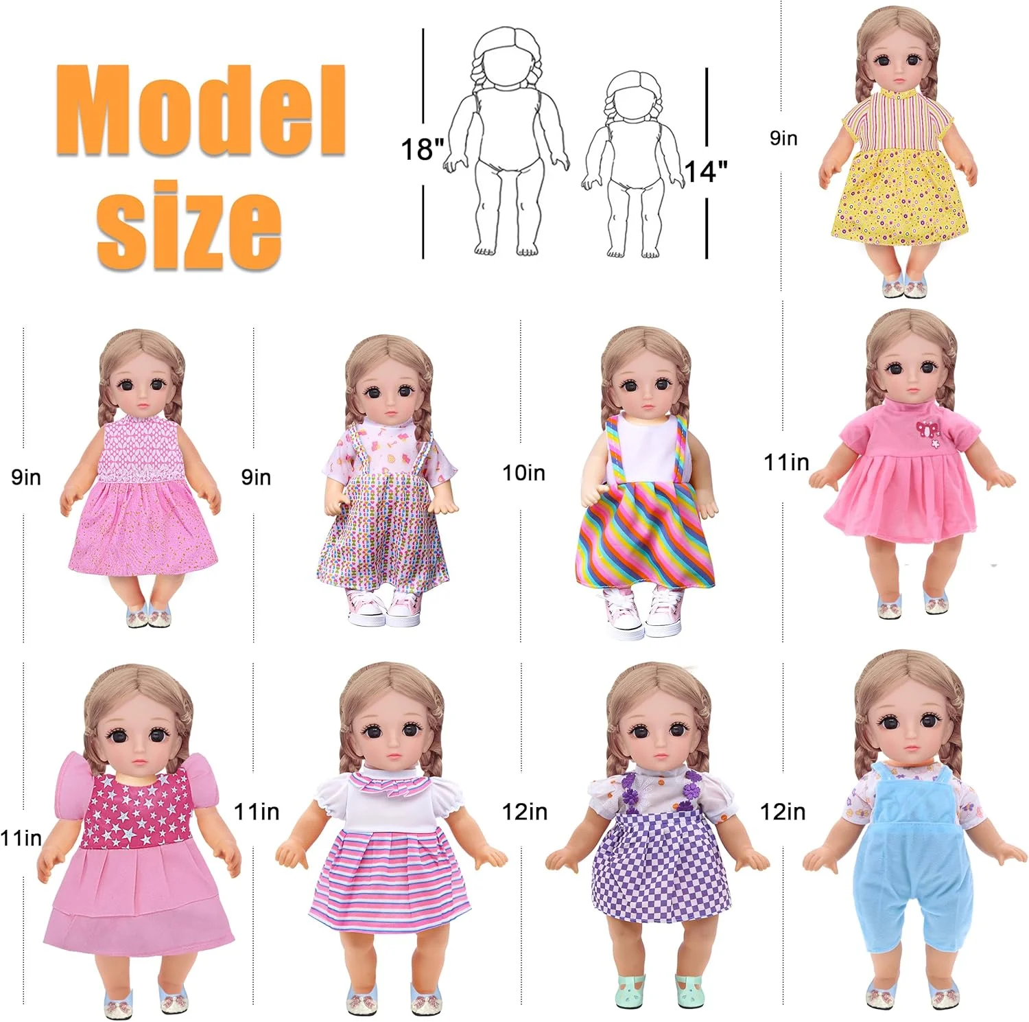 ست 18 تکه لباس عروسک نوزاد 13-15 اینچی - ست مراقبت از لباس عروسک دخترانه | 9 لباس قابل شستشو با پوشک، شیشه شیر و ظروف غذاخوری | کیت آموزشی بازی وانمودی