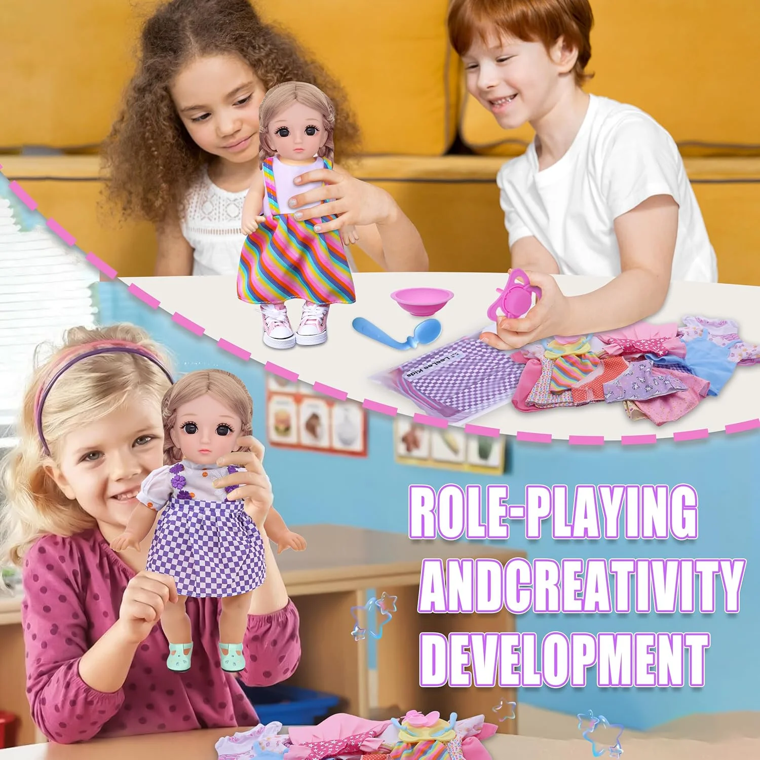 ست 18 تکه لباس عروسک نوزاد 13-15 اینچی - ست مراقبت از لباس عروسک دخترانه | 9 لباس قابل شستشو با پوشک، شیشه شیر و ظروف غذاخوری | کیت آموزشی بازی وانمودی