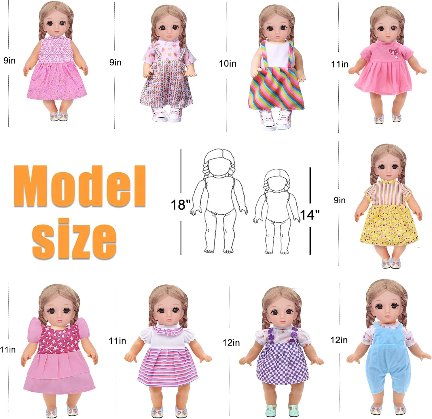 ست 18 تکه لباس عروسک نوزاد 13-15 اینچی - ست مراقبت از لباس عروسک دخترانه | 9 لباس قابل شستشو با پوشک، شیشه شیر و ظروف غذاخوری | کیت آموزشی بازی وانمودی