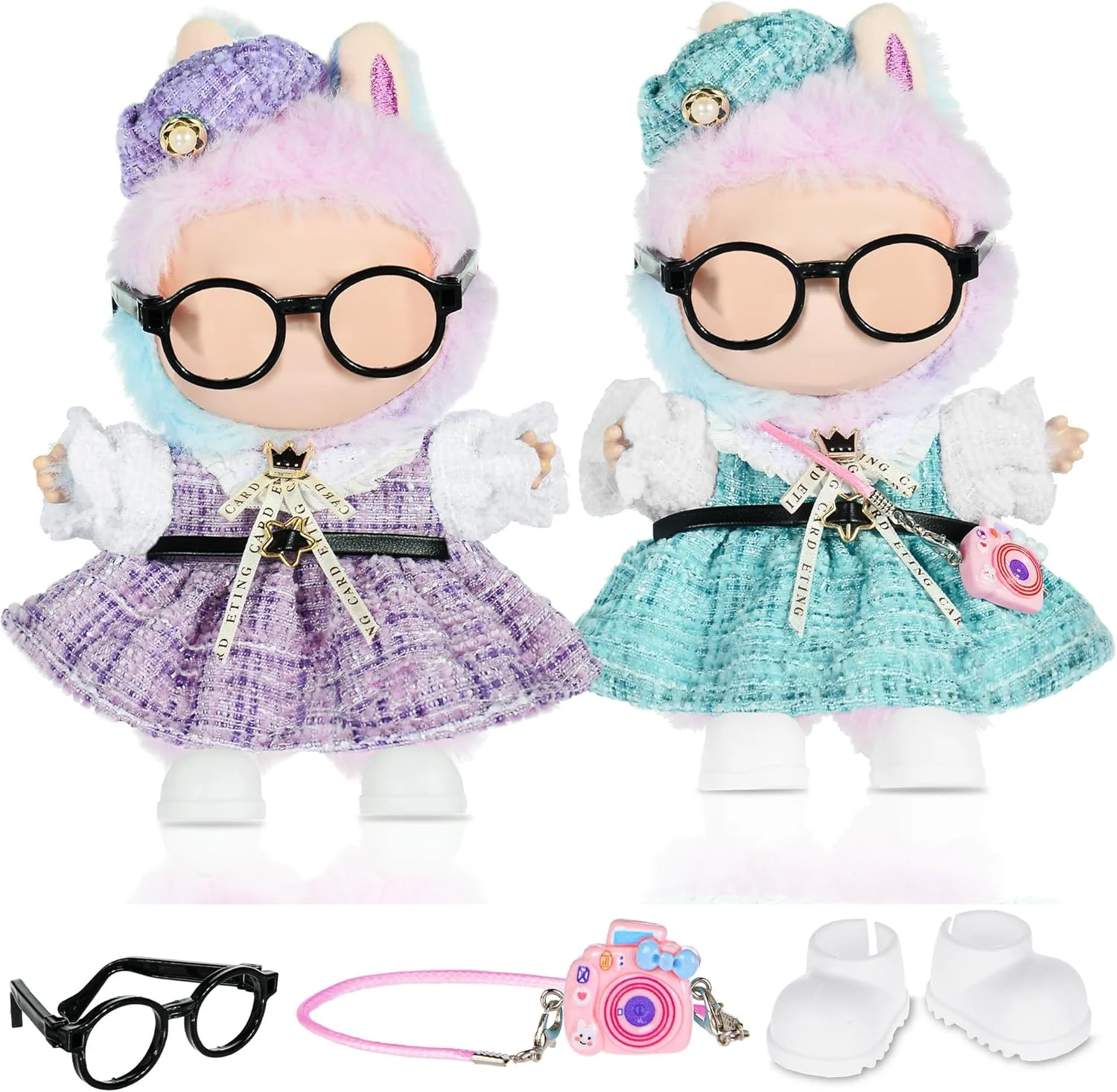 dollbie 2 ست لباس عروسک Kawaii برای عروسک های پولیشی 17 سانتی متری - ست لباس پوشیدنی جایگزین لباس شیک با کفش، عینک و کیف شانه ای دوربین مناسب عروسک های مینی 6.7 اینچی (بدون عروسک)